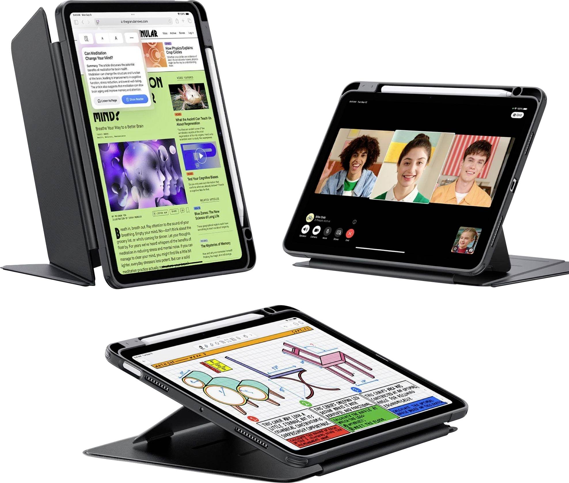 Tablet mit Hülle in drei Positionen: Vorderansicht zeigt Webseite, Rückansicht zeigt Videoanruf mit drei Personen, seitliche Ansicht zeigt Notizen.