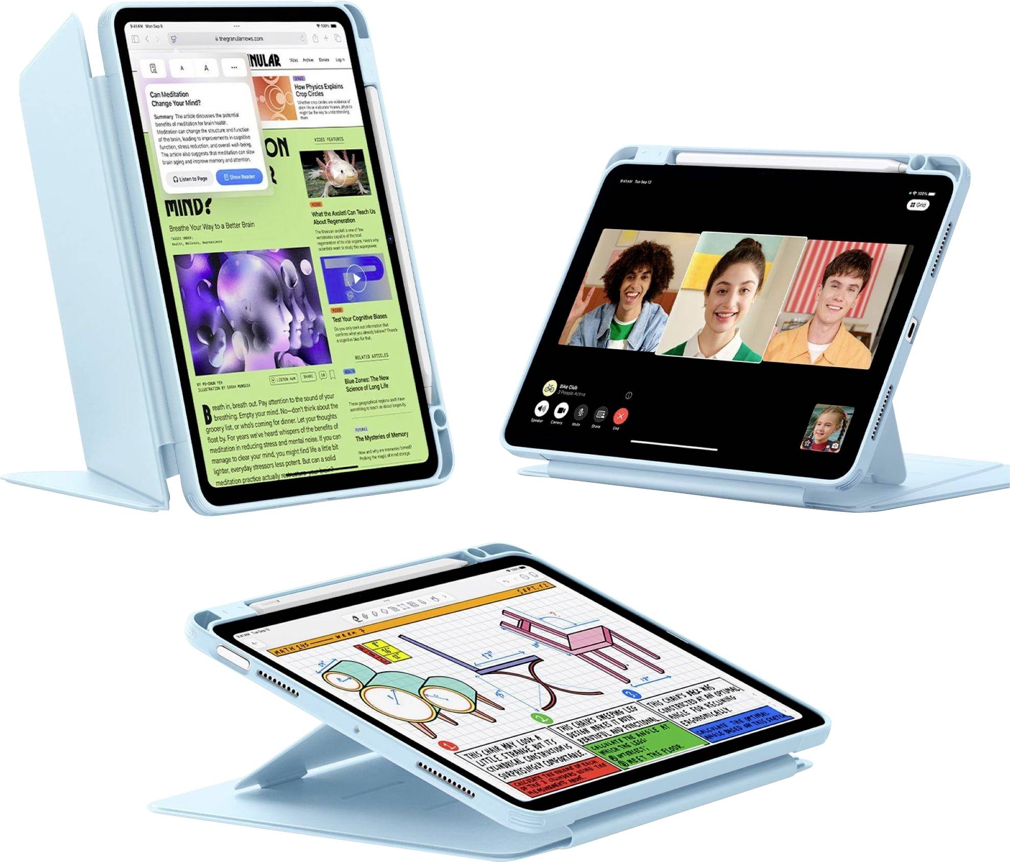 Drei blaue Tablet-Ständer halten Tablets in verschiedenen Winkeln. Ein Tablet zeigt eine Videoanruf-App, ein anderes eine Website.