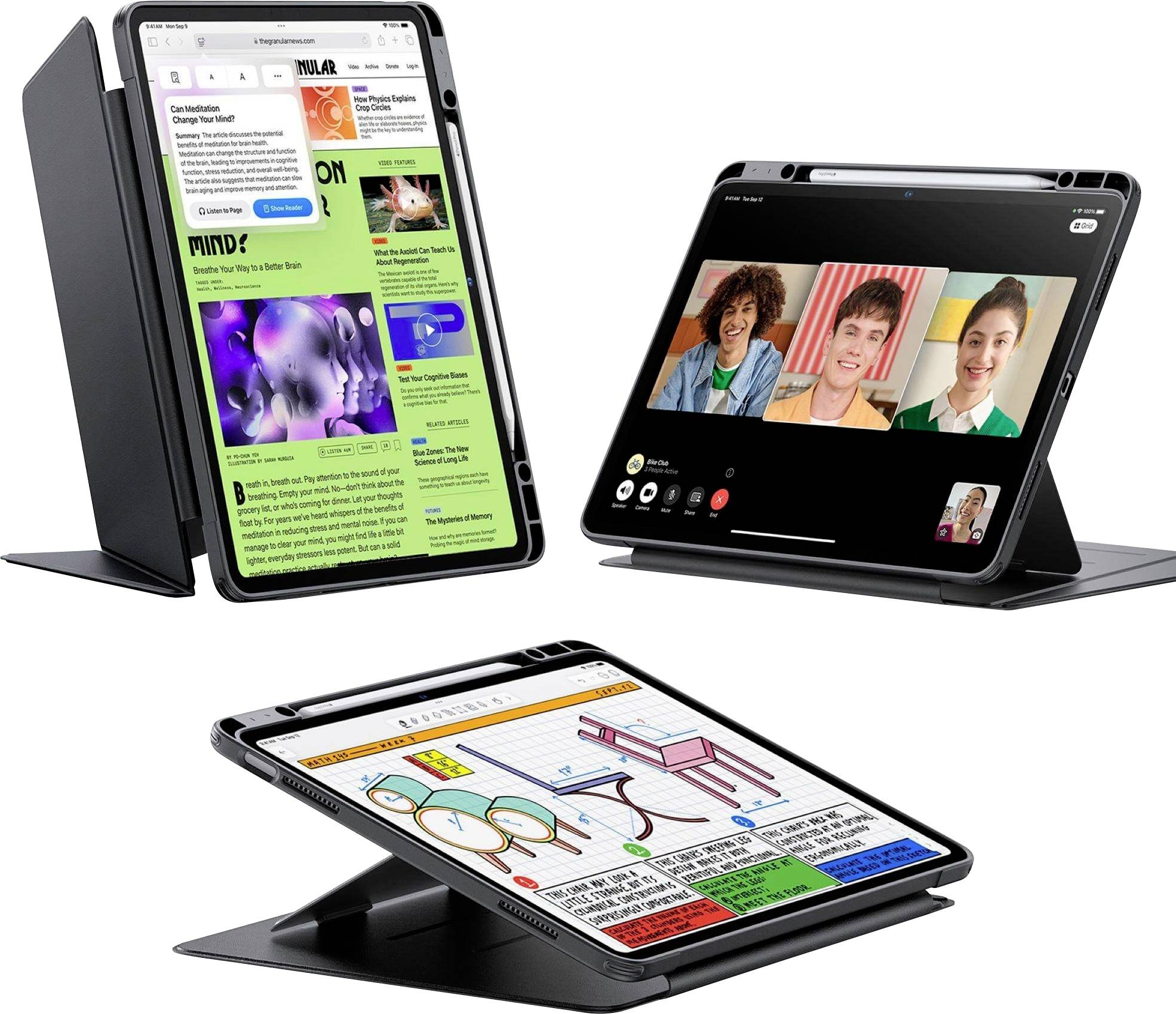 Drei Tablets in verschiedenen Ansichten: eines zeigt eine Webseite, das zweite einen Videoanruf mit vier Personen, das dritte eine Skizze.