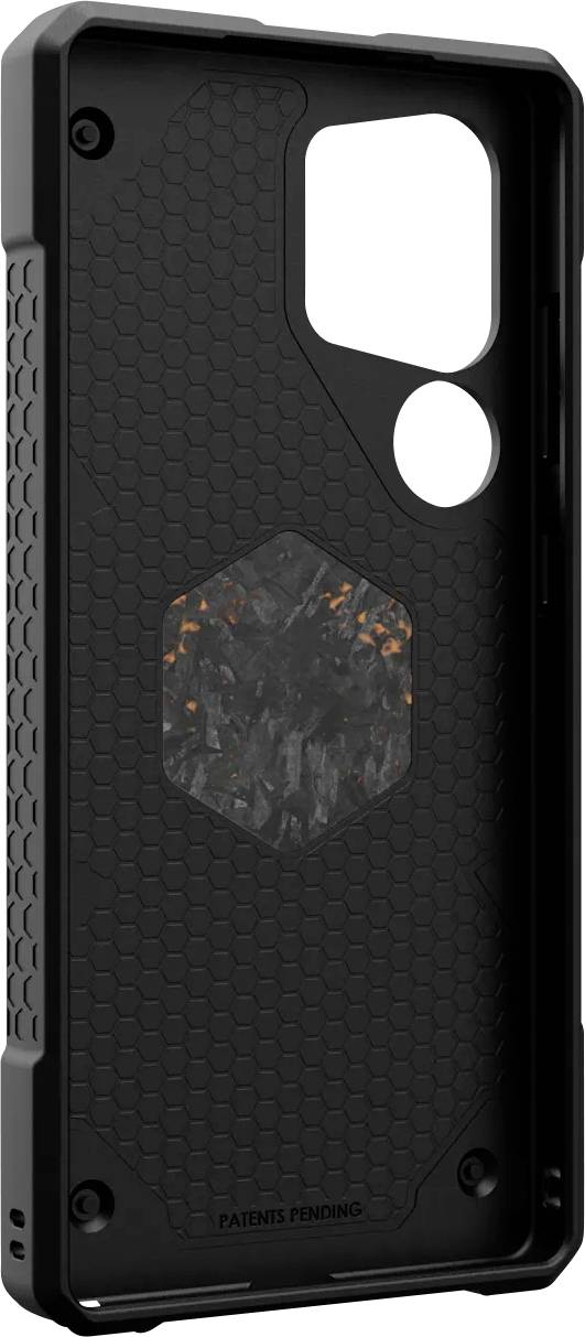 Schwarzes Handyhülle mit sechseckiger Textur und großer Kameramarkierung, seitliche Wabenstruktur, Hinweis auf Patent ausstehend.