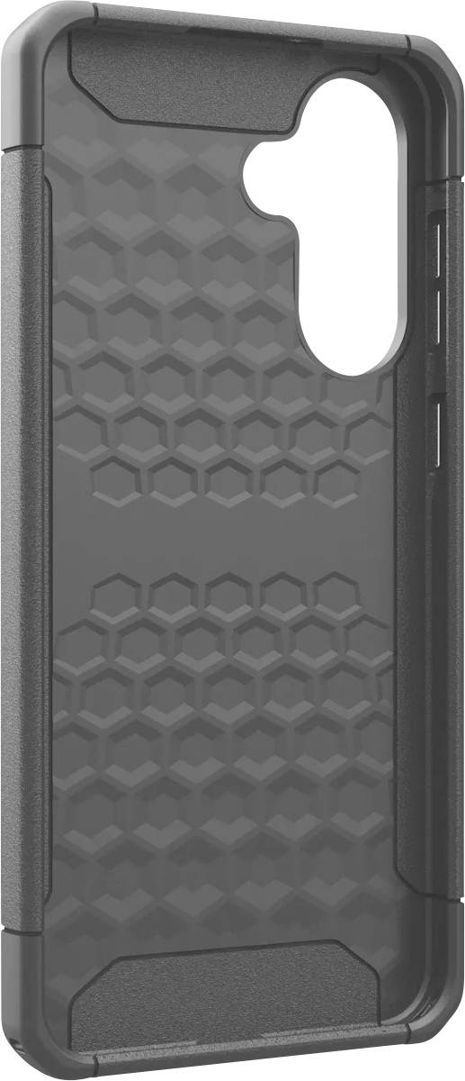 Graues Handyhülle mit sechseckigem Muster und ausgeschnittener Kameraöffnung, bietet Schutz und stilvolles Design.