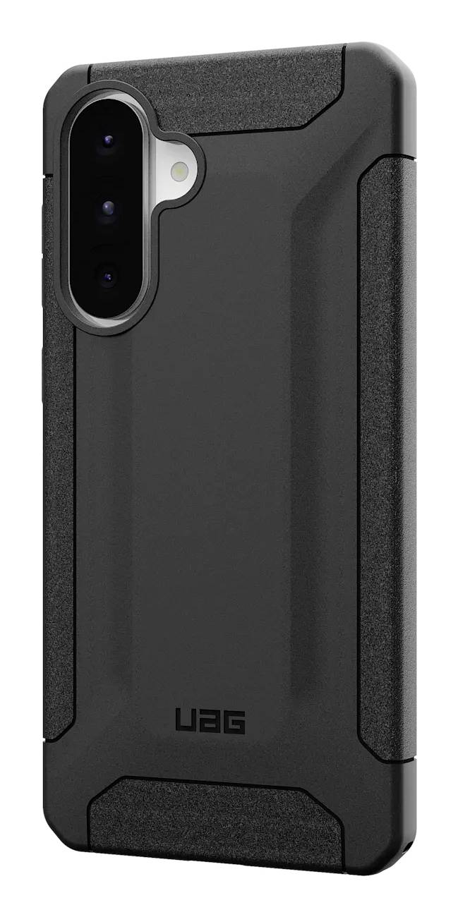 Schwarze, robuste Smartphone-Hülle der Marke 'UAG', zeigt Rückansicht mit Kameraaussparung und strukturiertem Randdesign.