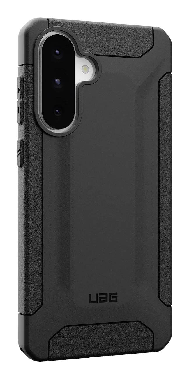 Schwarze Handyhülle der Marke UAG mit robustem Design, passend für ein Smartphone mit drei Kameras auf der Rückseite.