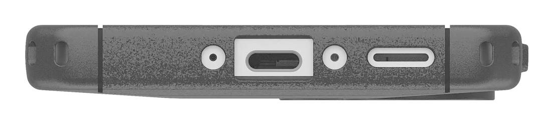 Unterseite eines Geräts mit USB-C-Anschluss in der Mitte, flankiert von zwei Schrauben. Links und rechts sind Lautsprechergitter.