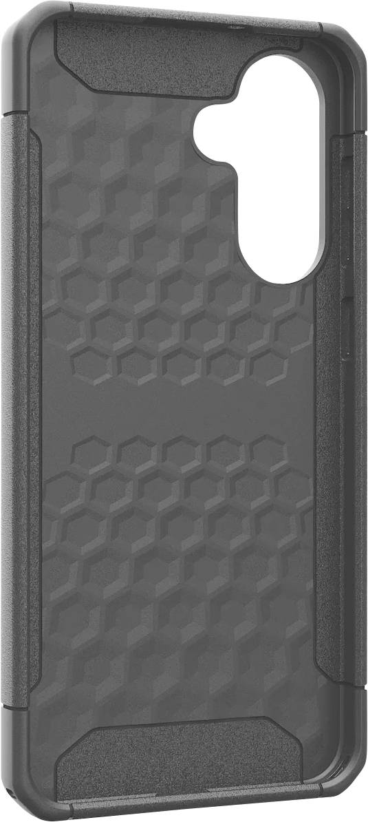 Grau-schwarze Handyhülle mit geometrischem Muster und Öffnungen für Kamera und Tasten, zeigt Schutz und modernes Design.