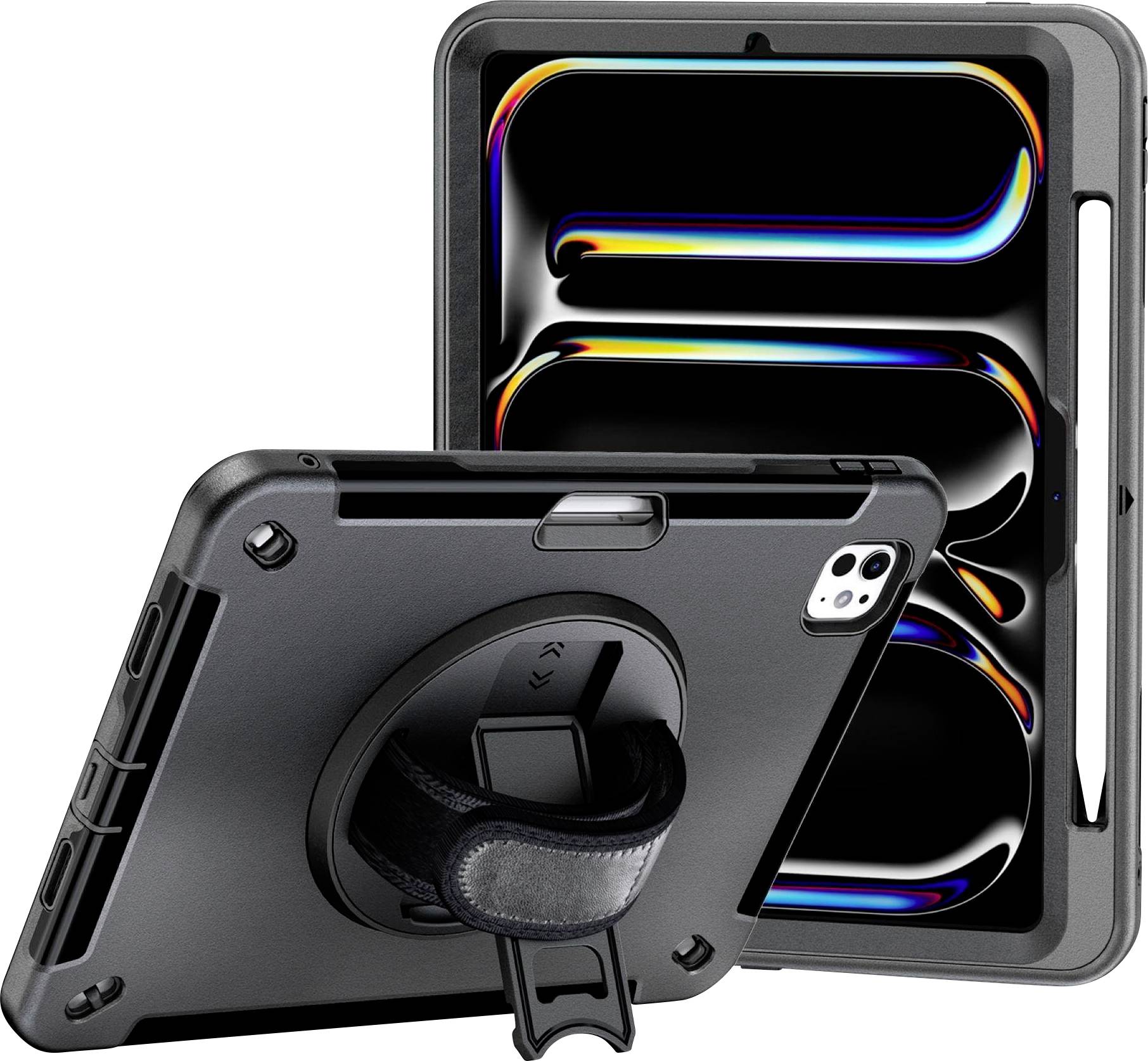 Zwei robuste Tablet-Hüllen in schwarz. Eine zeigt das Display eines Tablets, die andere zeigt die Rückseite mit einem drehbaren Griff.