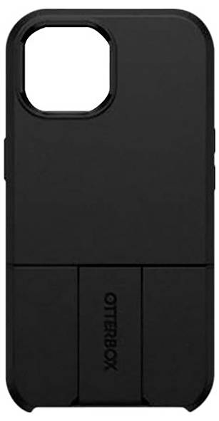 Schwarze Handyhülle mit integriertem Ständer, die den Rückwärtsschutz eines Smartphones ermöglicht. Markenname 'Otterbox' eingeprägt.