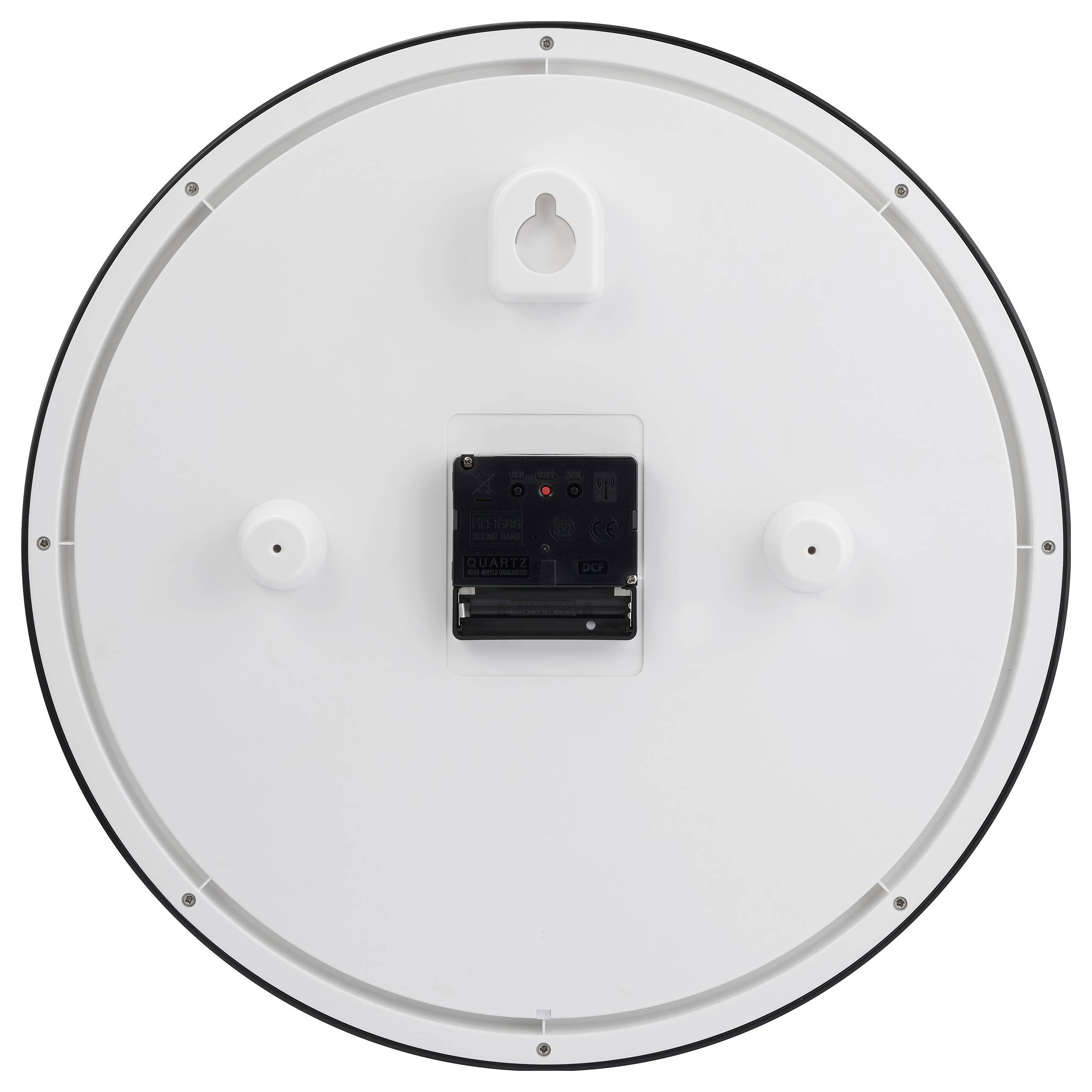 Rückansicht einer weißen runden Wanduhr mit Batteriefach, beschriftet mit 