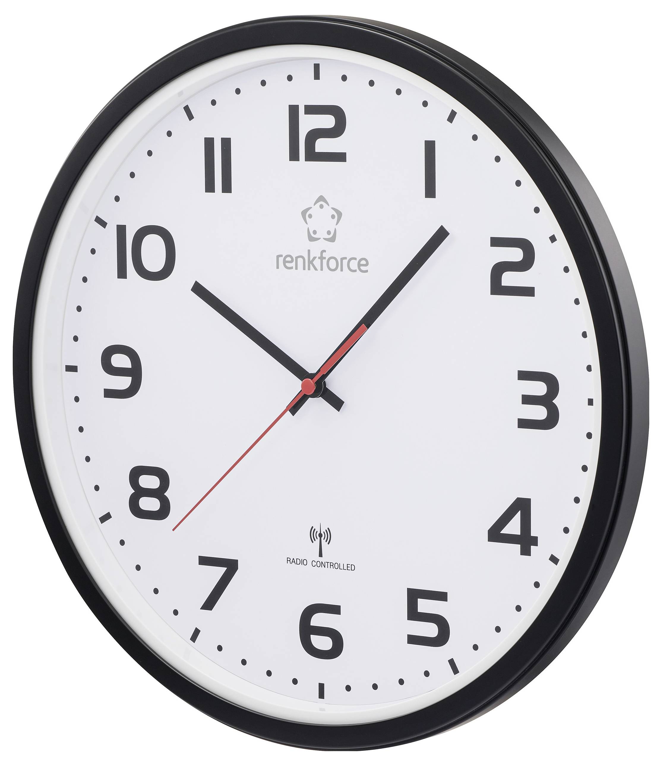 Eine runde Wanduhr mit schwarzen Ziffern und Zeigern, die 10:10 Uhr anzeigt.