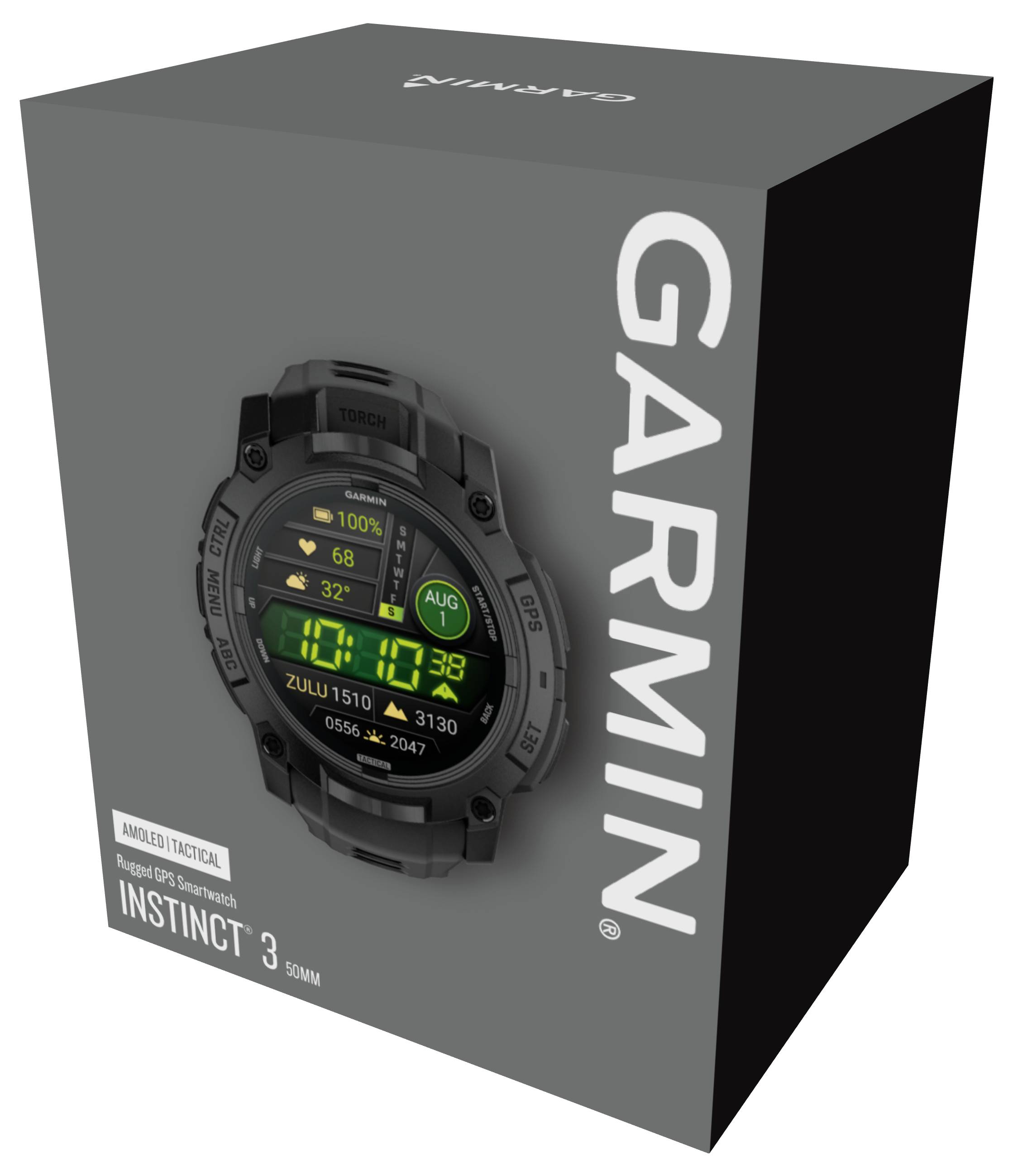 Schwarze Garmin Instinct Tactical-Smartwatch-Schachtel. Aufdruck zeigt die Uhr mit digitalem Zifferblatt, Datum und batteriebetriebsanzeige.