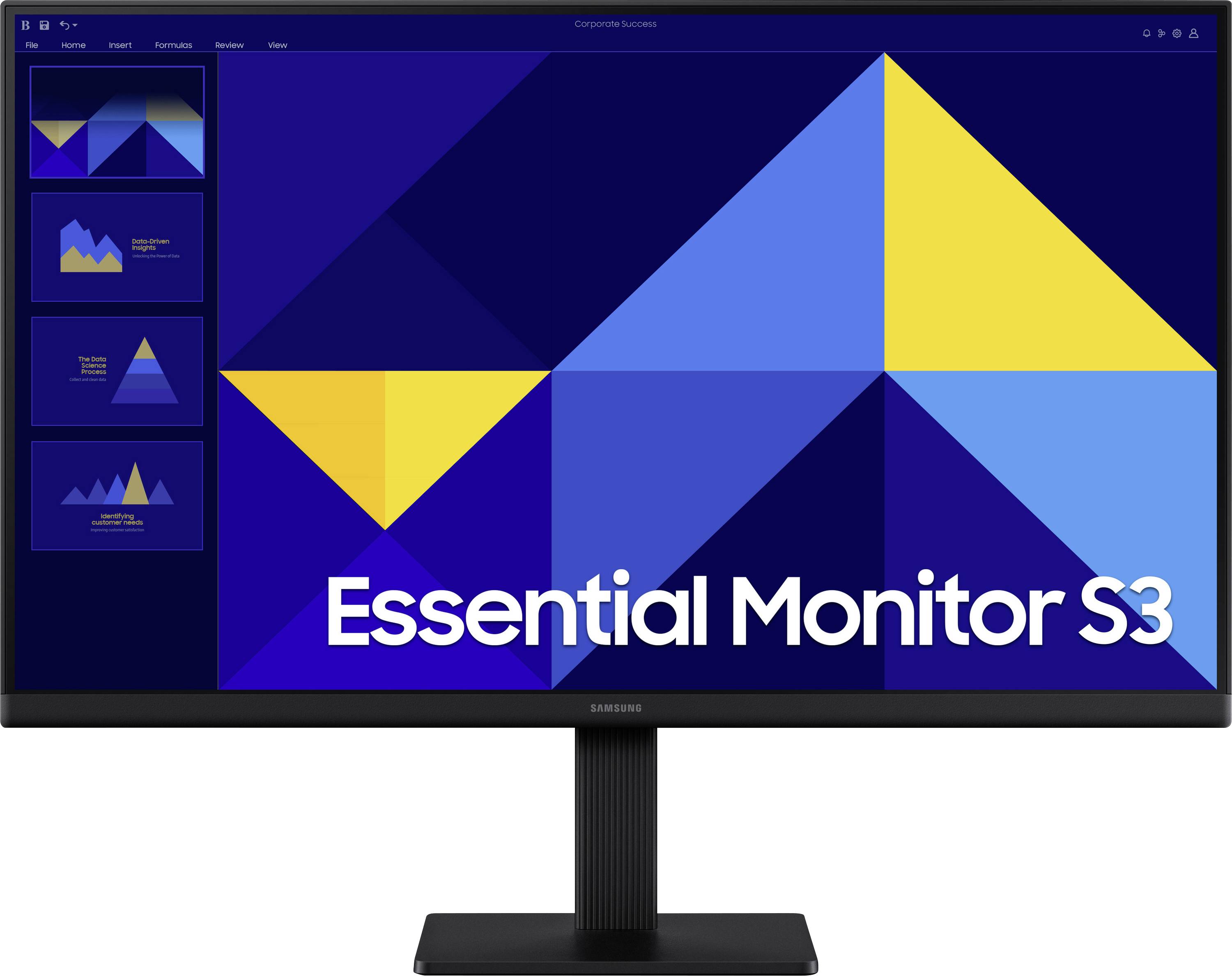 Ein Samsung-Monitor zeigt einen blauen und gelben geometrischen Bildschirm mit großem Text 