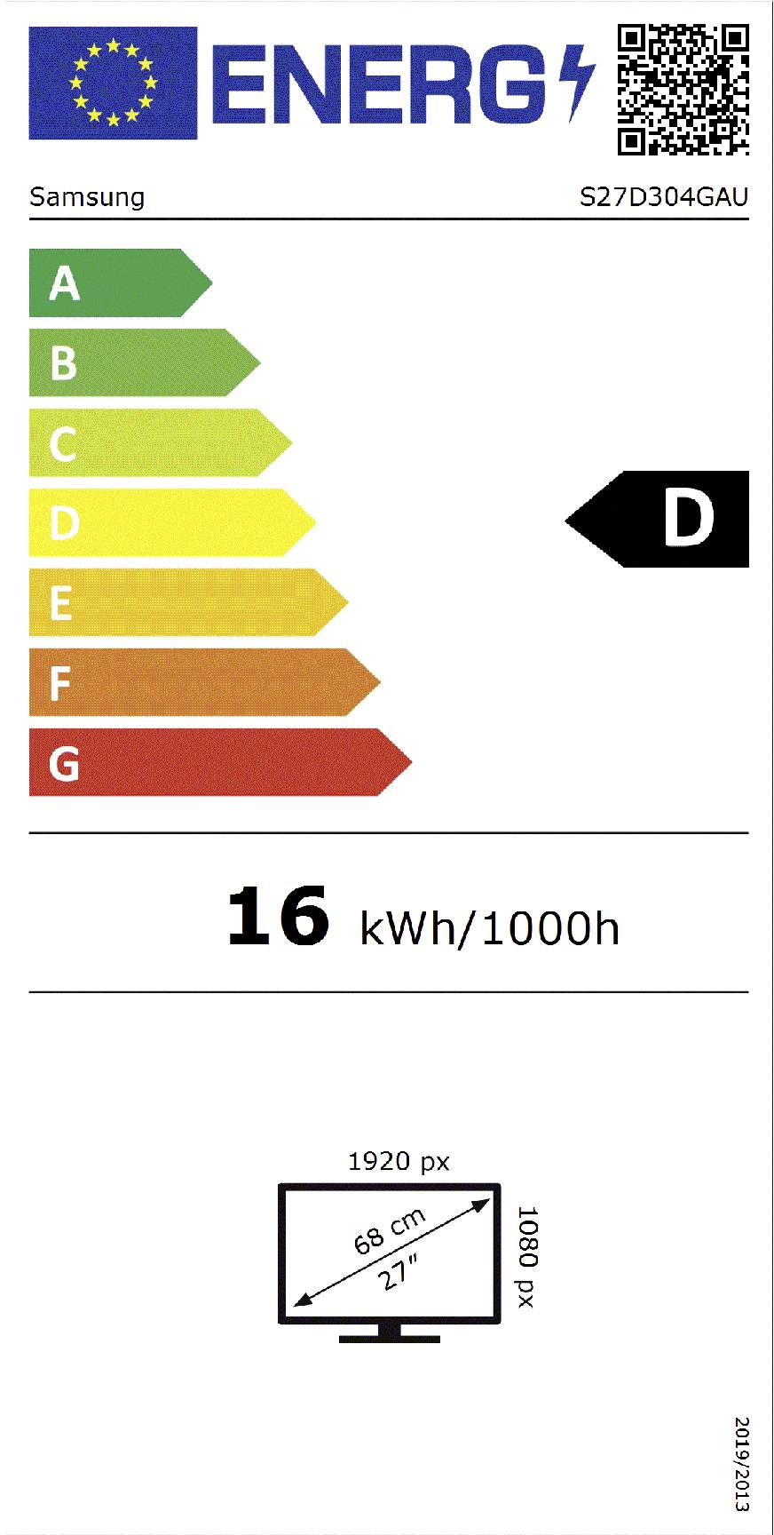 Energieeffizienz-Label für Samsung-Monitor S27D304GAU, Energieklasse D, 16 kWh/1000h, Bildschirmgröße 68 cm (27 Zoll), 1920x1080 px.