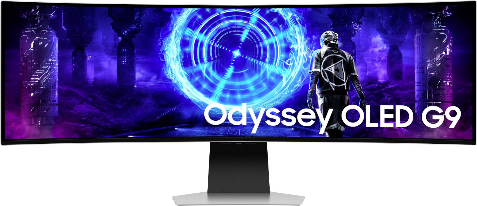 Ein breiter Curved-Monitor zeigt ein Sci-Fi-Motiv mit blauen Lichtern und einer Figur in futuristischer Kleidung. Text: 'Odyssey OLED G9'.