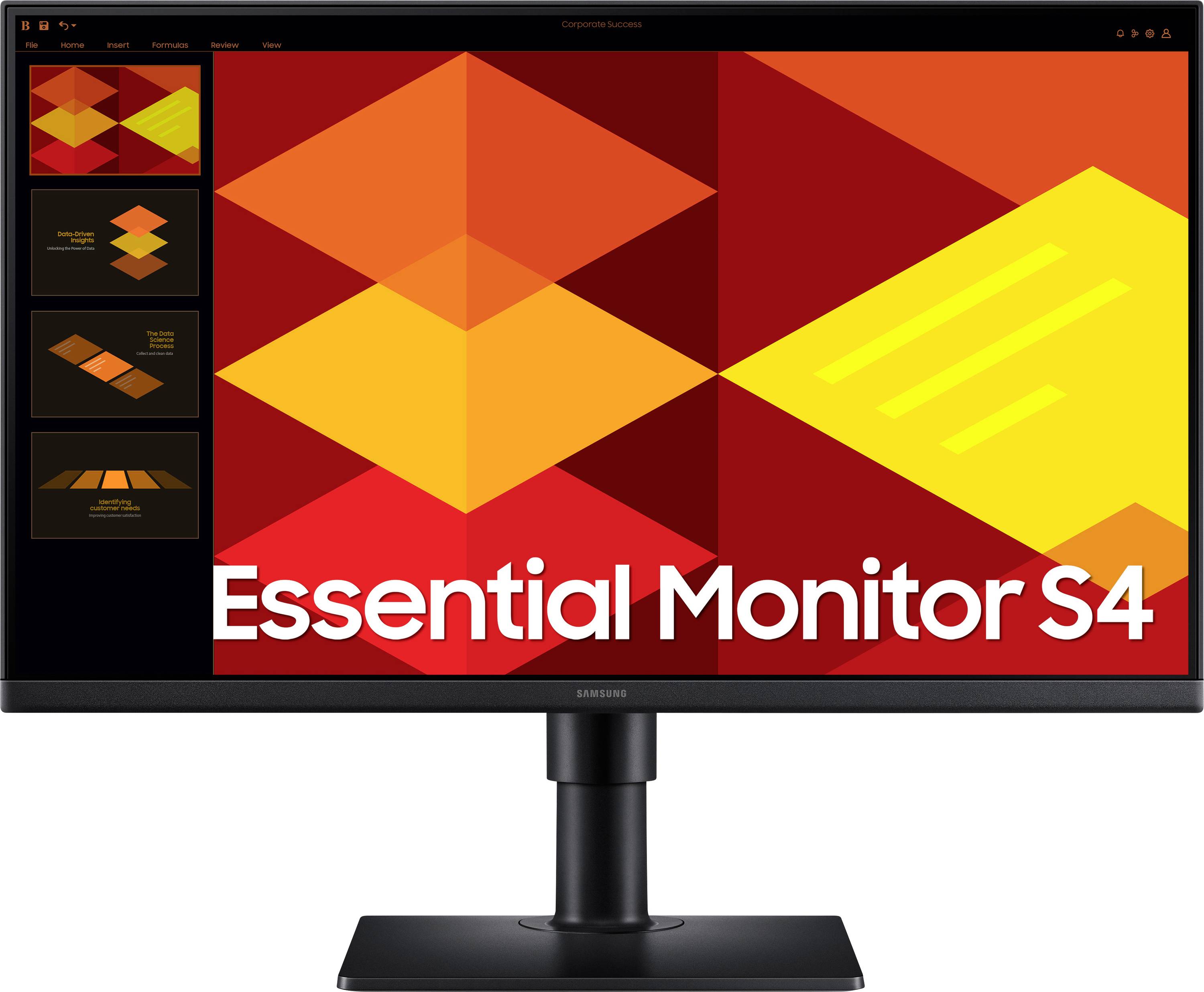 Ein Computermonitor zeigt den Text 'Essential Monitor S4' vor einem Hintergrund aus roten und gelben geometrischen Formen.