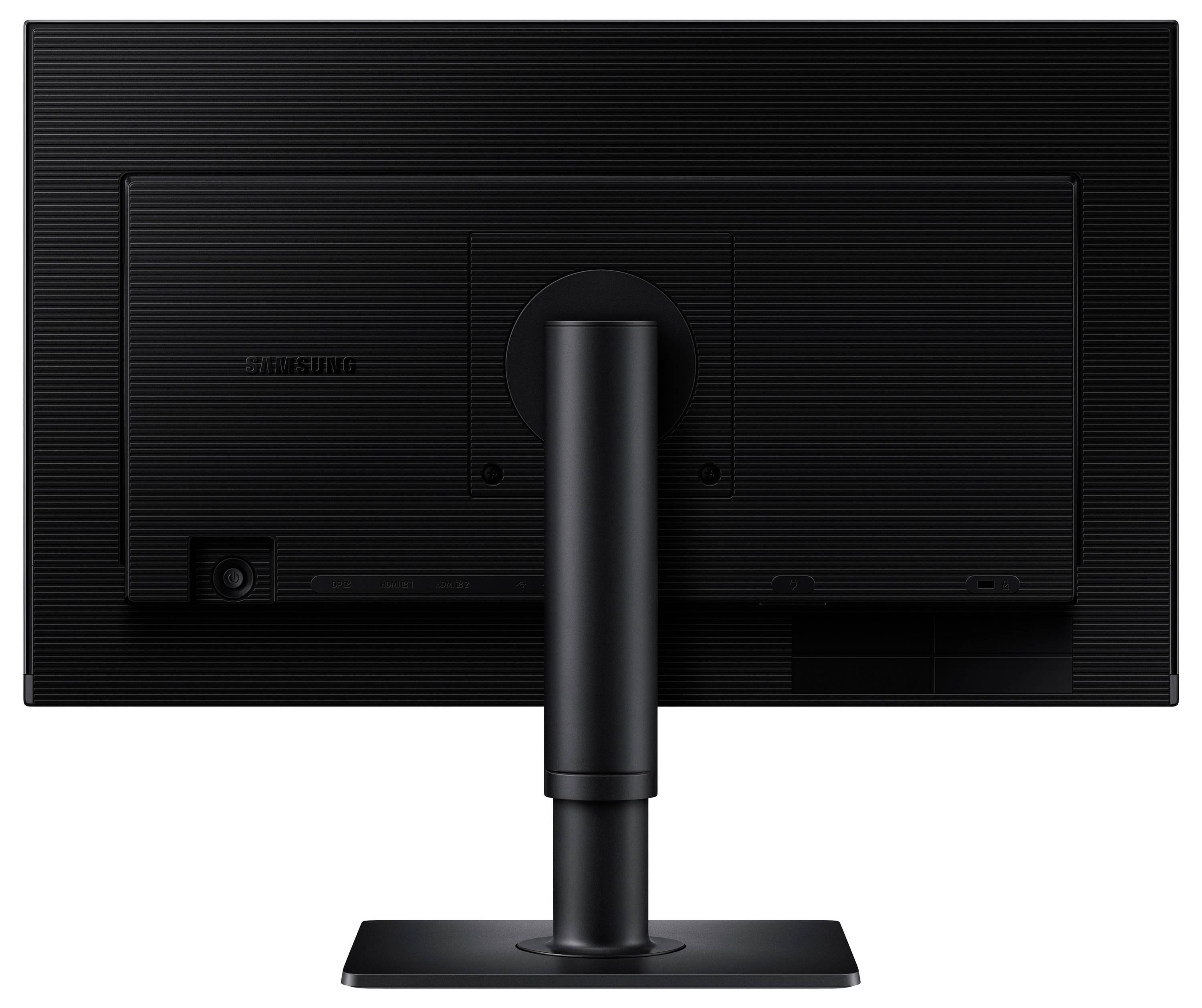 Ein schwarzer Computermonitor, von hinten gezeigt, mit einer rechteckigen Basis und einem vertikalen Trägerstativ.