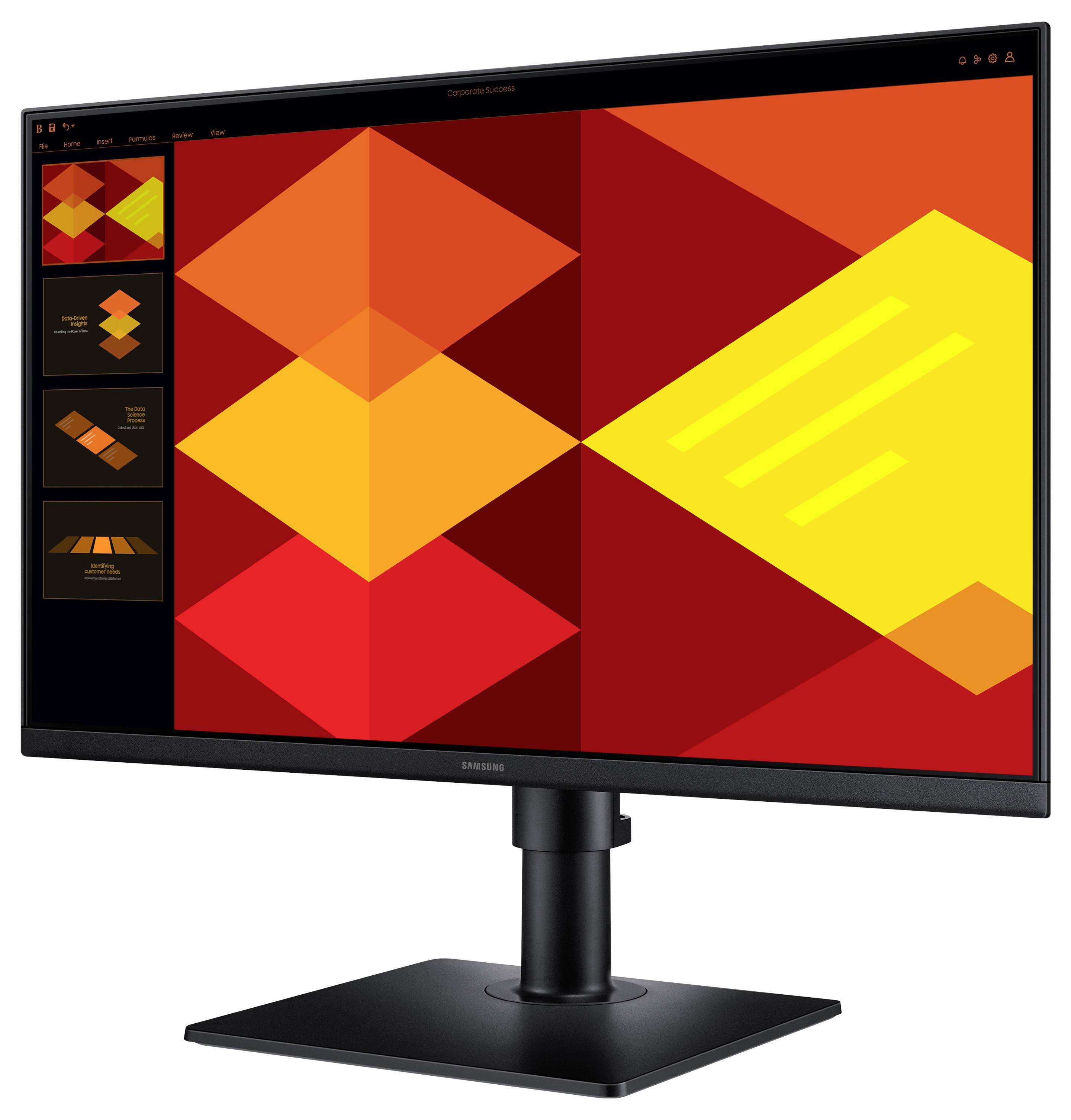 Ein Computermonitor, der ein lebendiges geometrisches Muster aus sich überschneidenden roten und orangefarbenen Rauten vor einem schwarzen Hintergrund zeigt.