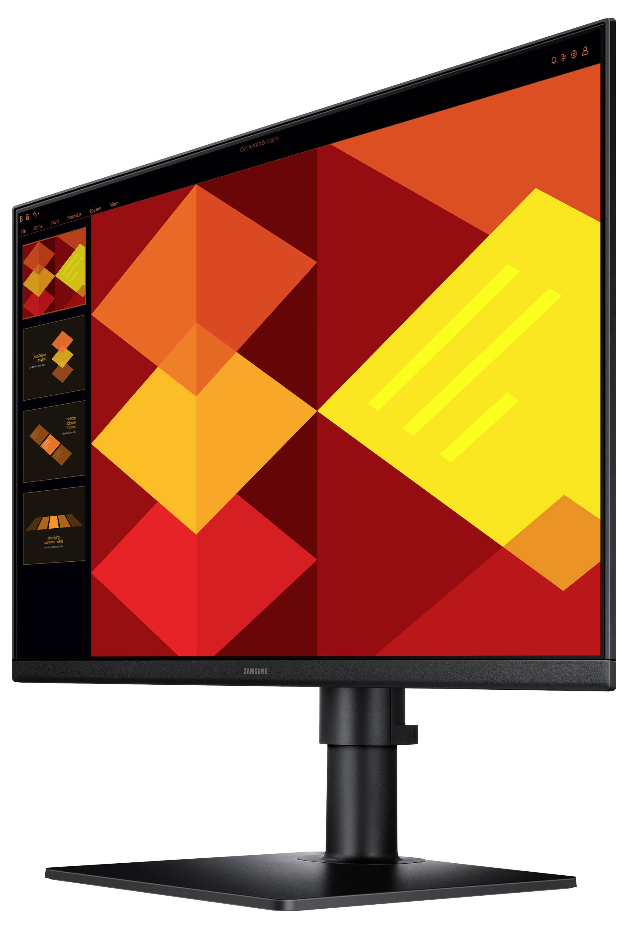 Ein Computermonitor, der ein buntes geometrisches Muster mit roten, orangefarbenen und gelben Formen auf einem schwarzen Ständer zeigt.