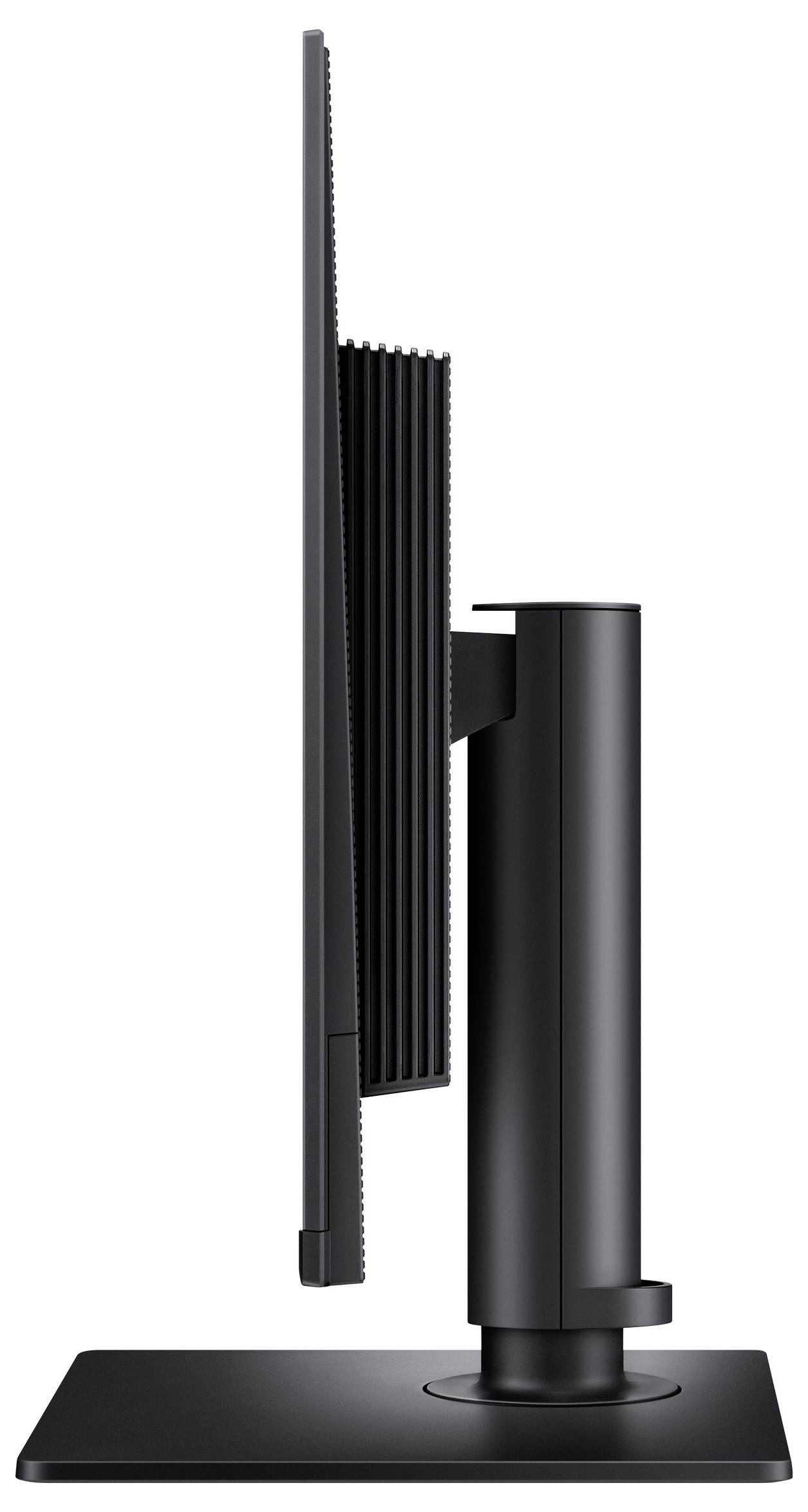 Eine Seitenansicht eines modernen schwarzen Computermonitors mit schlankem Profil und verstellbarer Halterung.