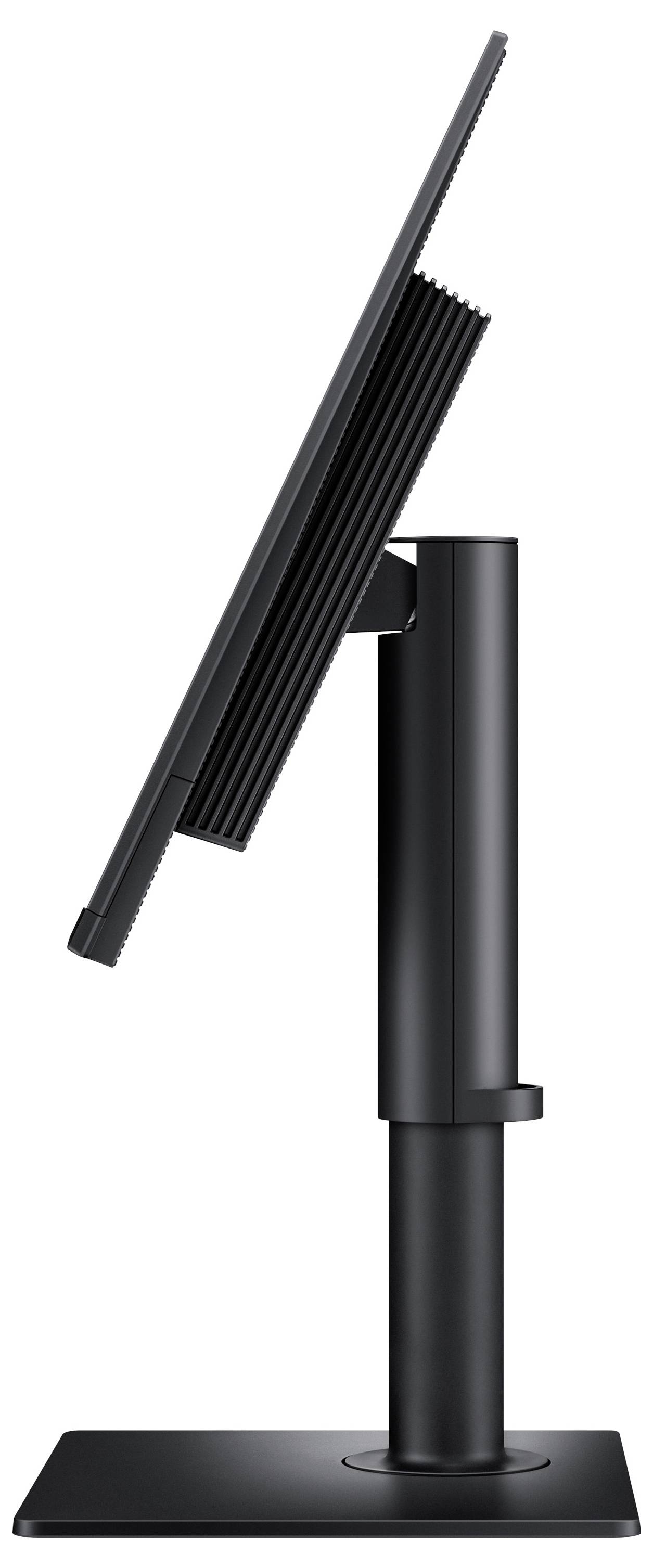 Gekippter schwarzer Monitor auf verstellbarem Ständer, Seitenansicht. Minimalistisches Design zeigt schlankes Profil und eleganten Ständer mit sichtbarem Neigungsmechanismus.