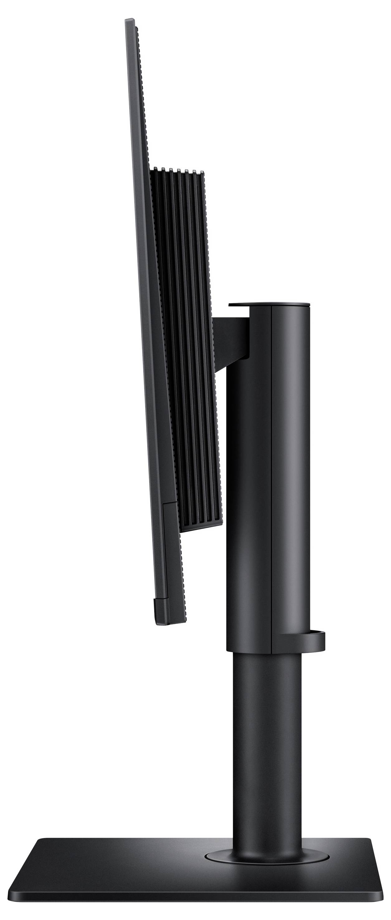 Ein schlanker, schwarzer Computerbildschirm wird von der Seitenansicht gezeigt, wobei sein dünnes Design und der verstellbare vertikale Ständer hervorgehoben werden.