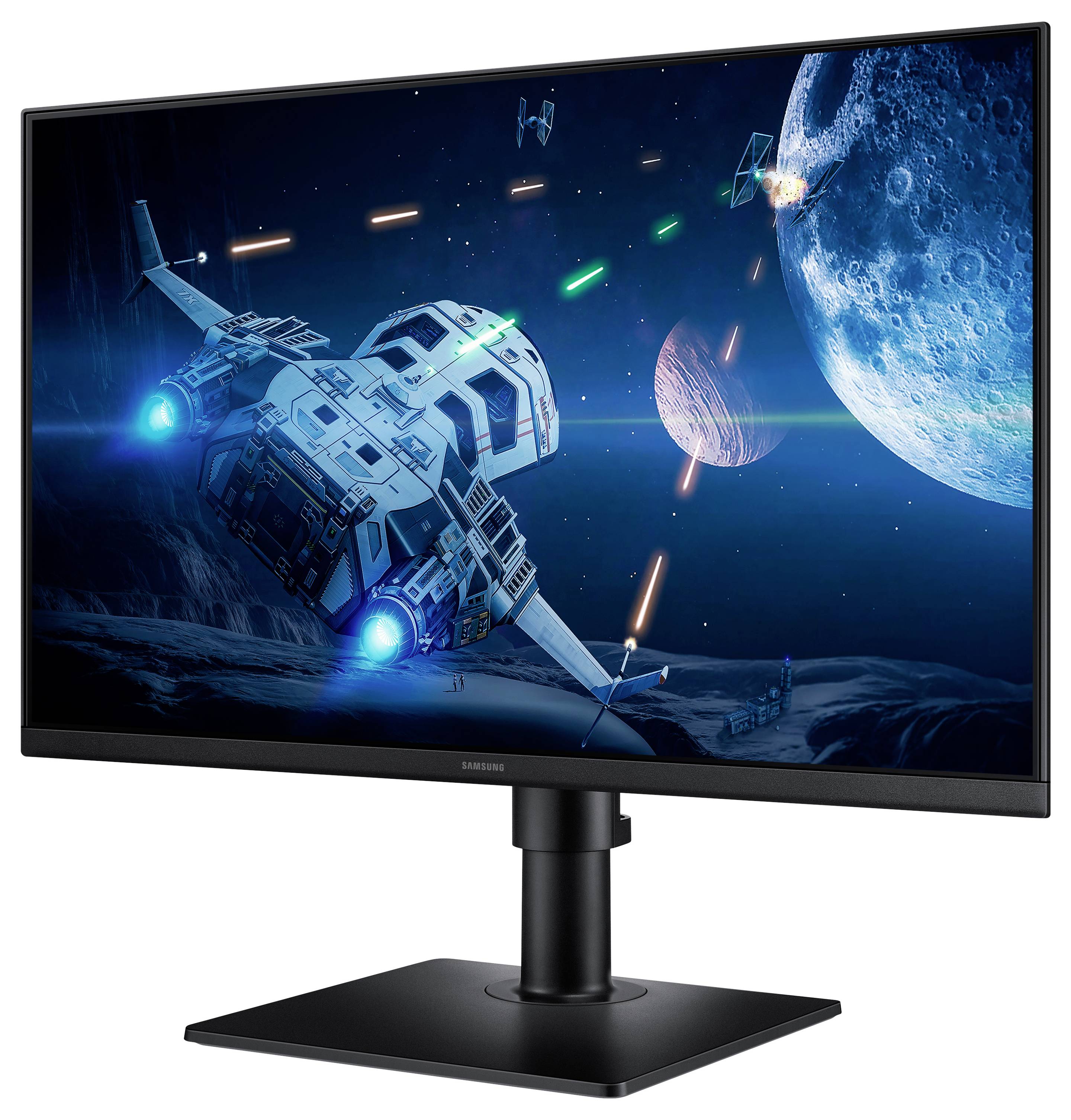 Raumschiff in einer Kampfszene auf einem Computermonitorbildschirm, mit Lasern, Planeten und einem Mond in einer Science-Fiction-Umgebung.