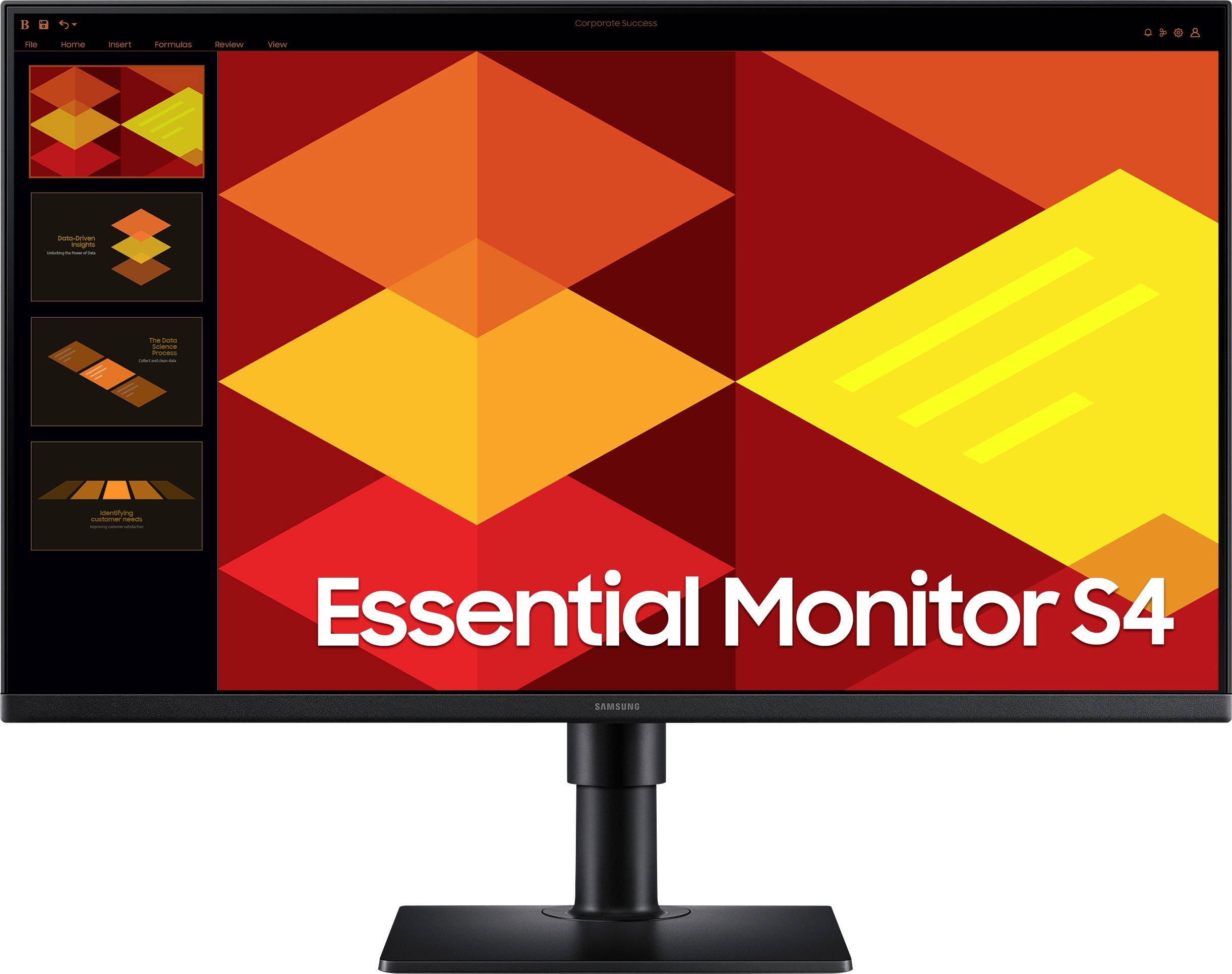 Ein Computerbildschirm mit leuchtendem geometrischem Muster in Rot- und Gelbtönen und dem Text 'Essential Monitor S4'. Links eine Miniaturübersicht.