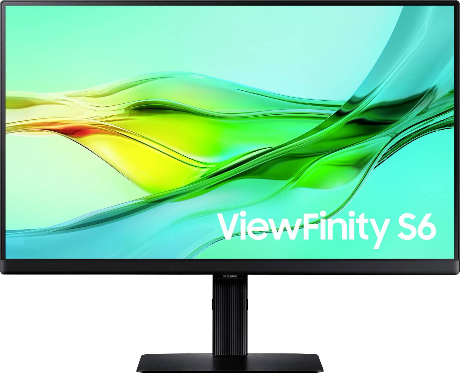 Ein Computerbildschirm mit lebhaftem grün-blauem Hintergrund und der Aufschrift 'ViewFinity S6'.