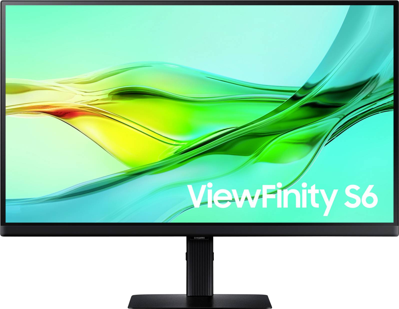 Ein Computermonitor mit hellem, welligem Farbhintergrund und der Aufschrift 'ViewFinity S6'.