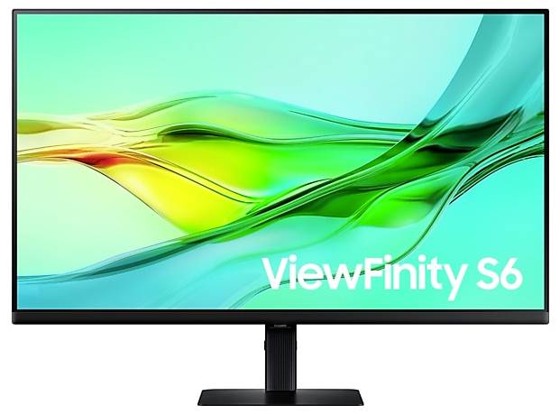 Ein Monitor mit schwarzem Rahmen und Standfuß. Auf dem Bildschirm ist ein abstraktes, farbenfrohes Design in Grün- und Gelbtönen zu sehen.