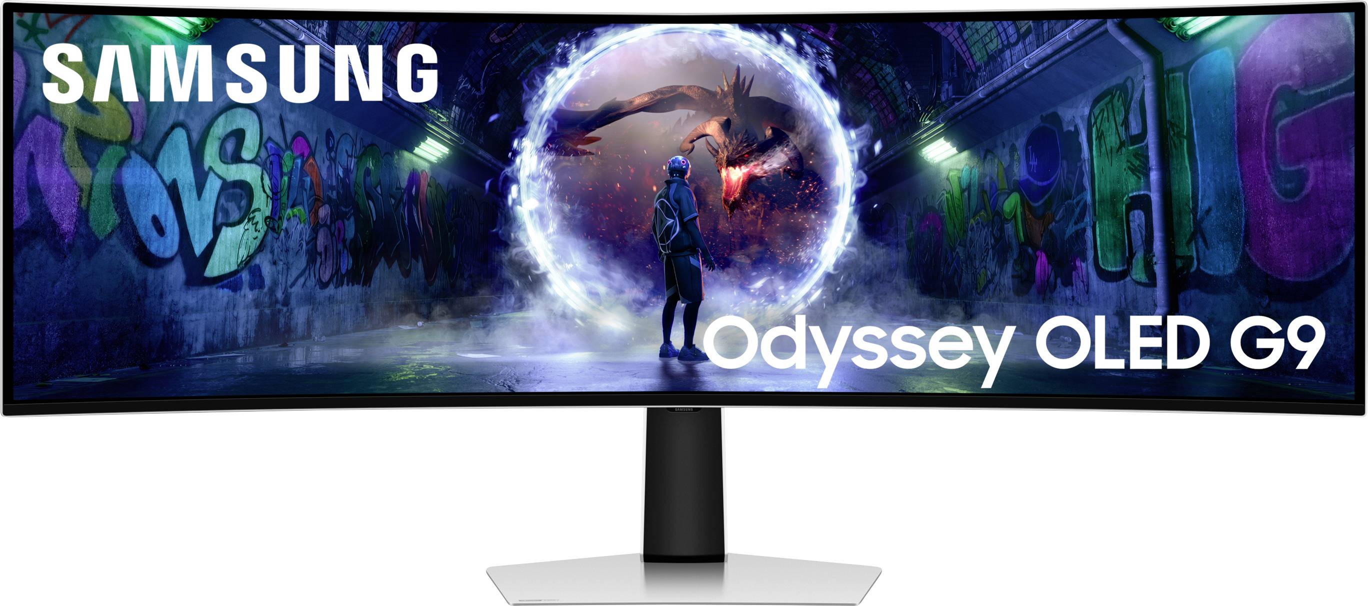 Ein gebogener Monitor mit der Aufschrift 'Samsung Odyssey OLED G9' zeigt eine Figur vor einem magischen Portal mit einem Drachen.