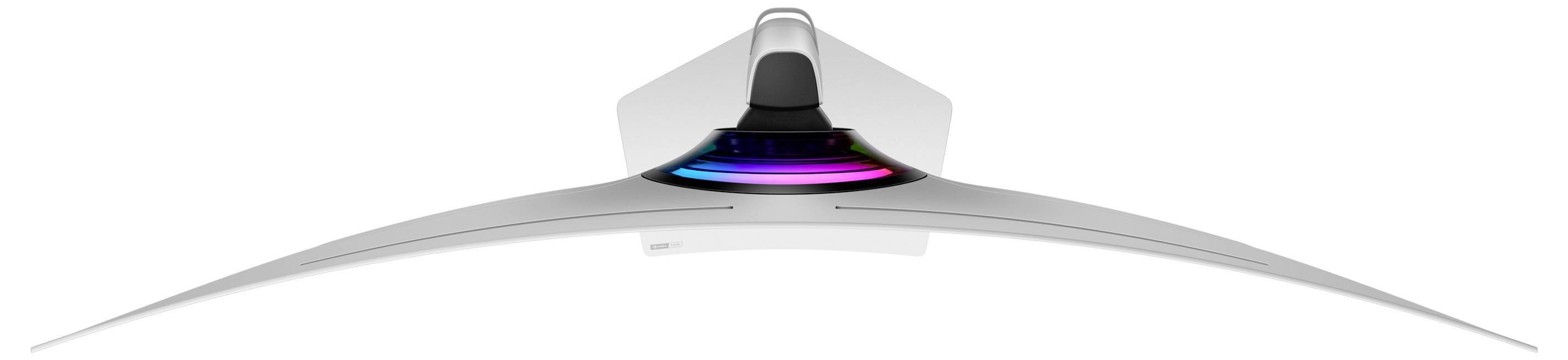 Ein gebogener, ultraweiter Computermonitor von oben gesehen, mit einem leuchtenden, farbverändernden Lichteffekt auf der Rückseite.