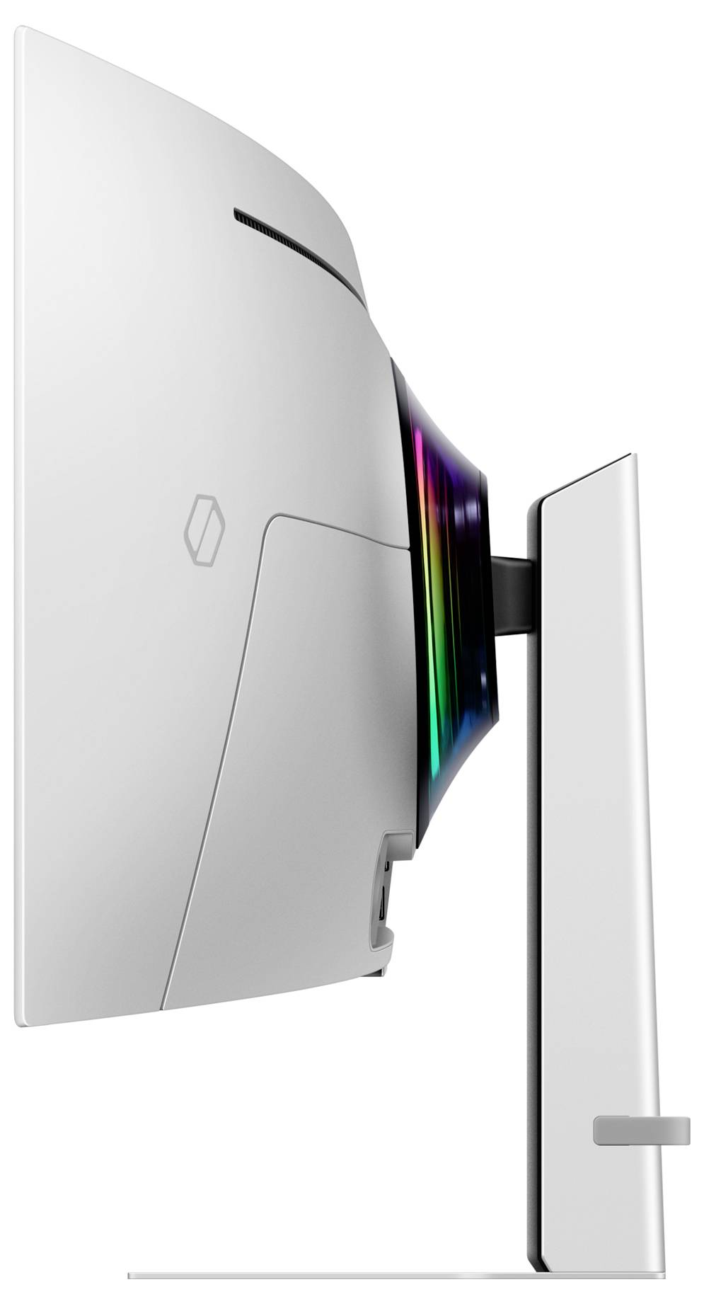 Einseitige Ansicht eines modernen, gebogenen Monitors mit beleuchtetem Rand. Schlichtes, weißes Design mit schmalem Standfuß.