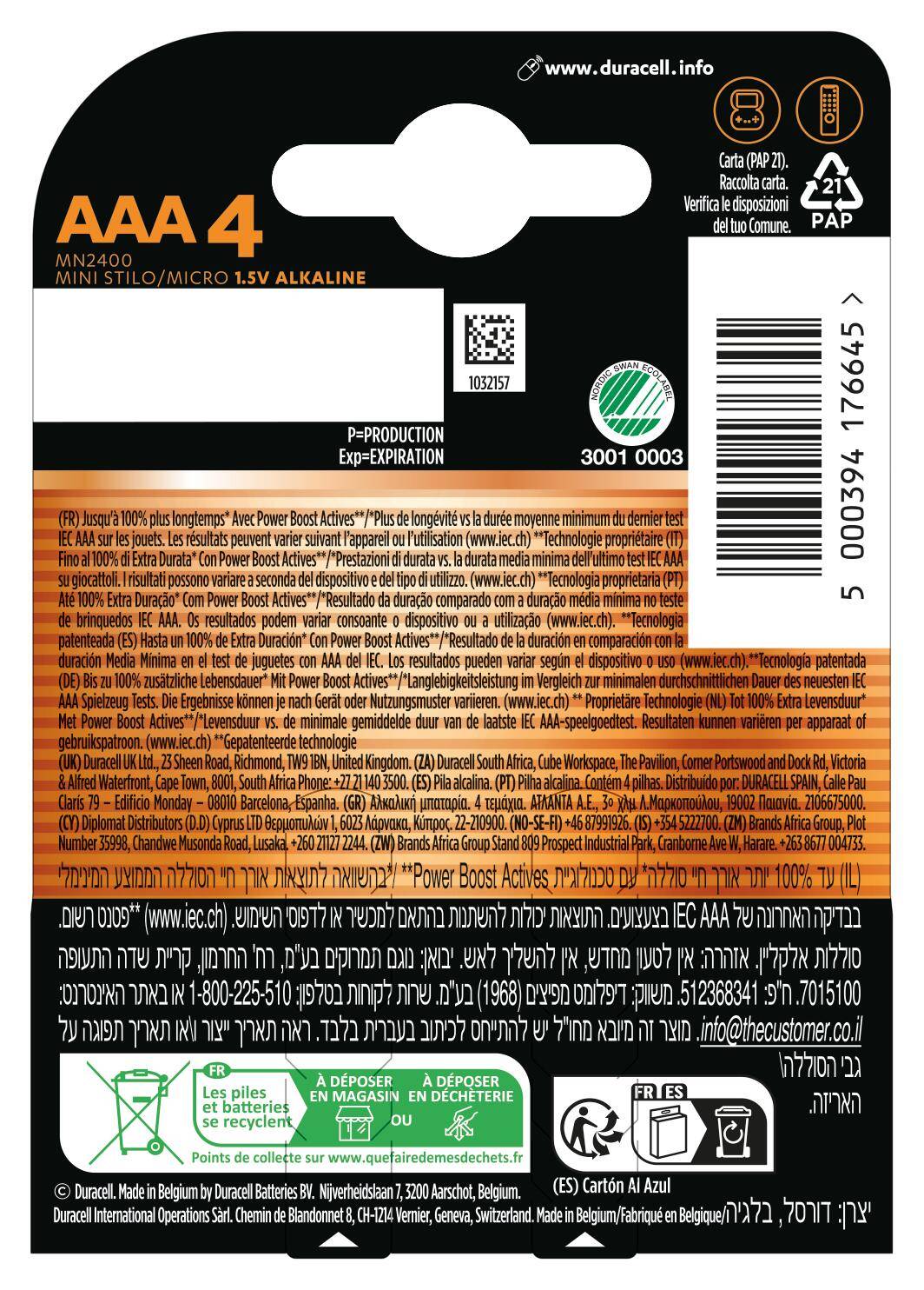 Duracell AAA Alkaline-Batterien, Etikett der 4er-Packung. Enthält Produktinformationen, Barcode, Recycling-Symbole und Kontaktdaten.