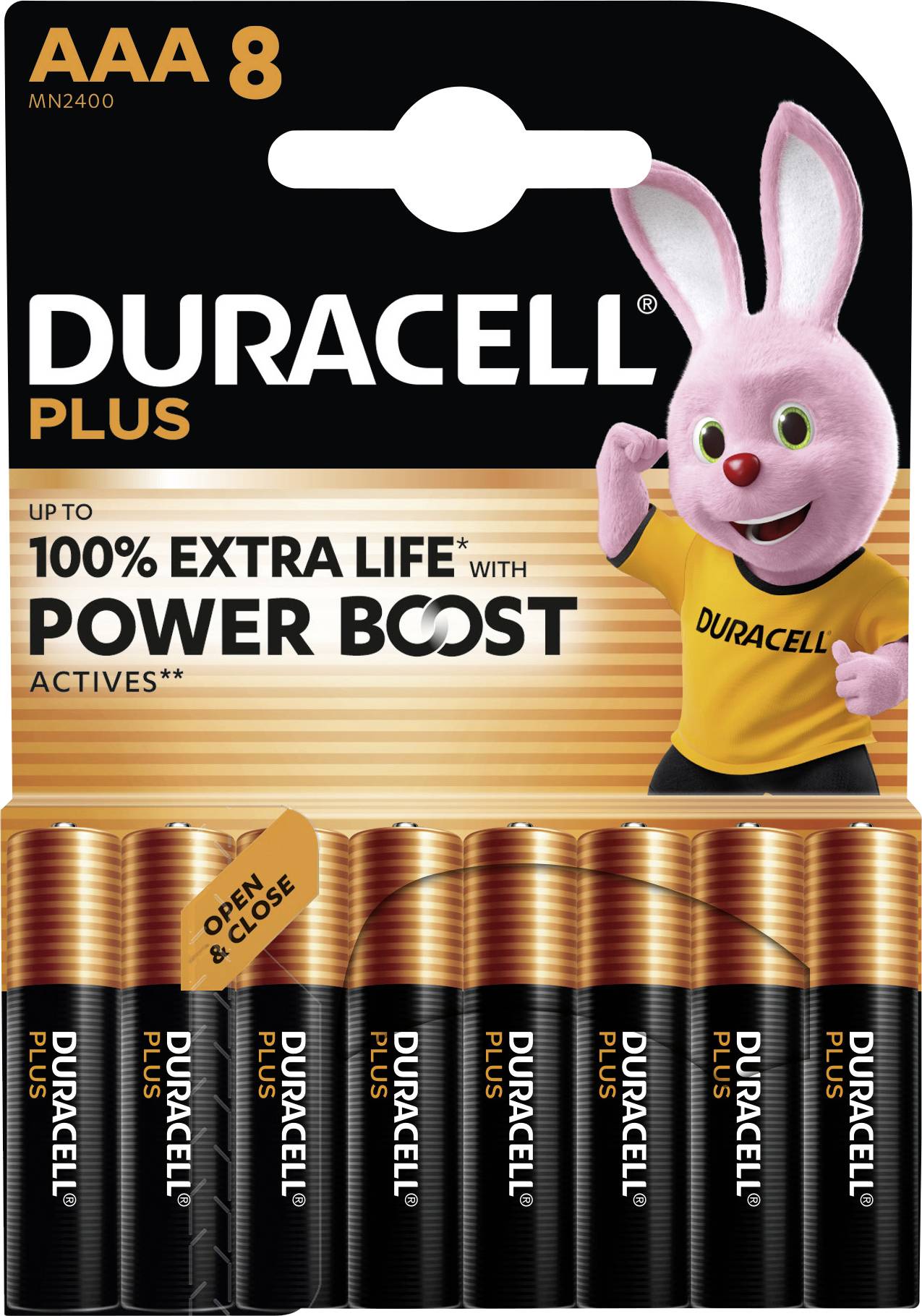 Duracell Plus AAA-Batterien, 8er-Packung, mit rosa Hasenmaskottchen und dem Slogan: 'Bis zu 100 % längere Lebensdauer mit Power Boost'.
