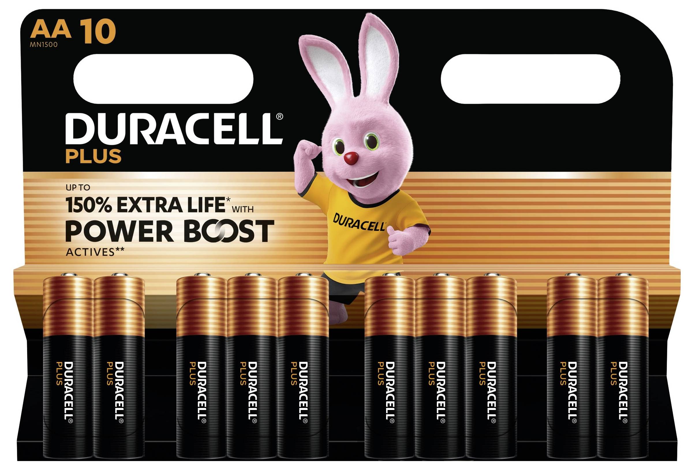 „Duracell Plus AA-Batterien, 10er Pack, verspricht bis zu 150% längere Lebensdauer mit Power Boost Technologie. Mit rosa Hasenmanuskottchen.