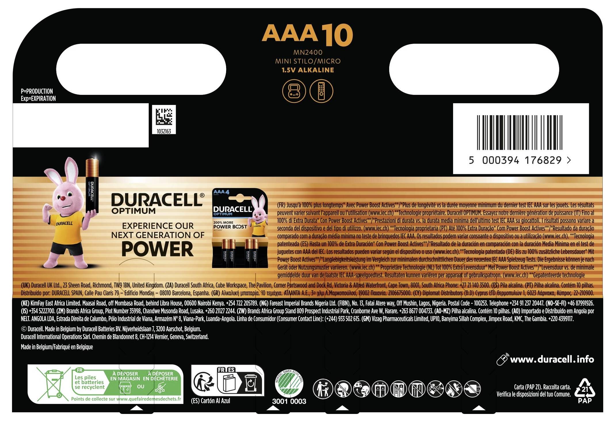 „Duracell Optimum AAA-Batterien-Packung, enthält 10 Alkalibatterien. Mit einem rosa Hase als Maskottchen und dem Text: Erleben Sie unsere nächste Generation von Leistung.