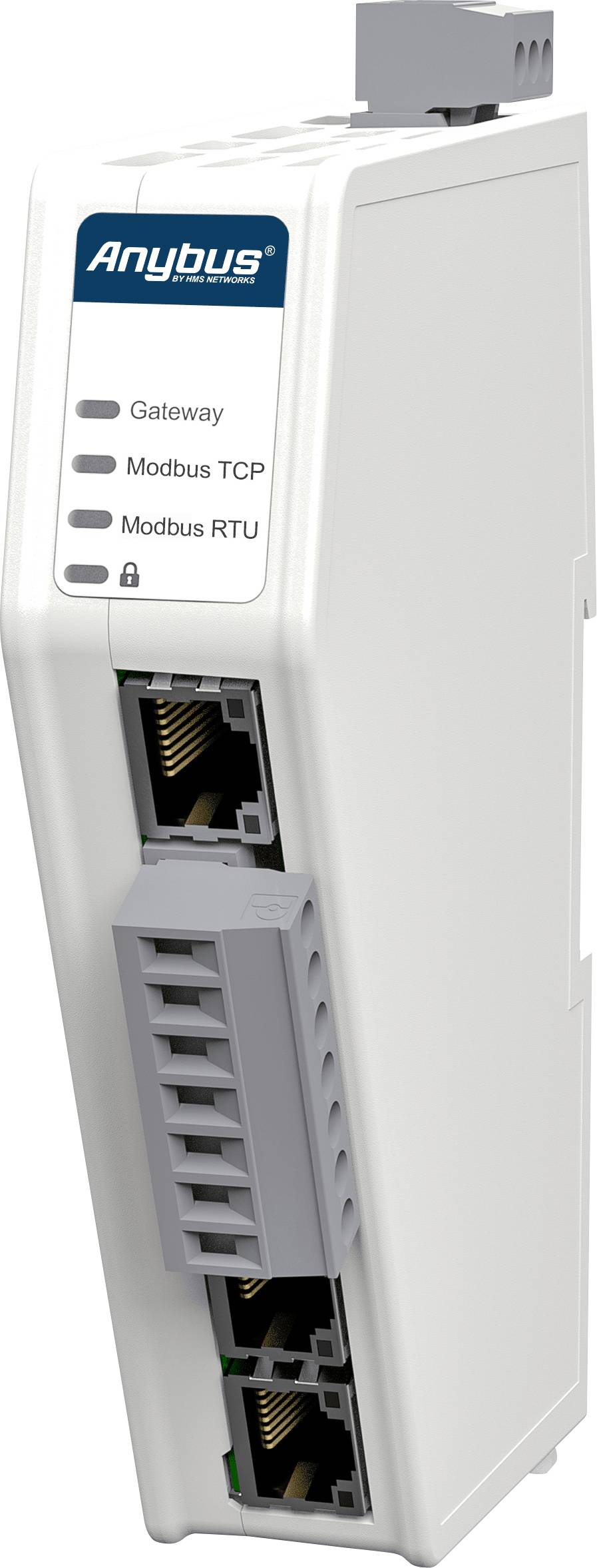 Ein weißes Modbus-Gateway mit Ethernet- und Modbus-Ports, LED-Anzeigen für 'Gateway', 'Modbus TCP', 'Modbus RTU' und ein Schloss-Symbol.