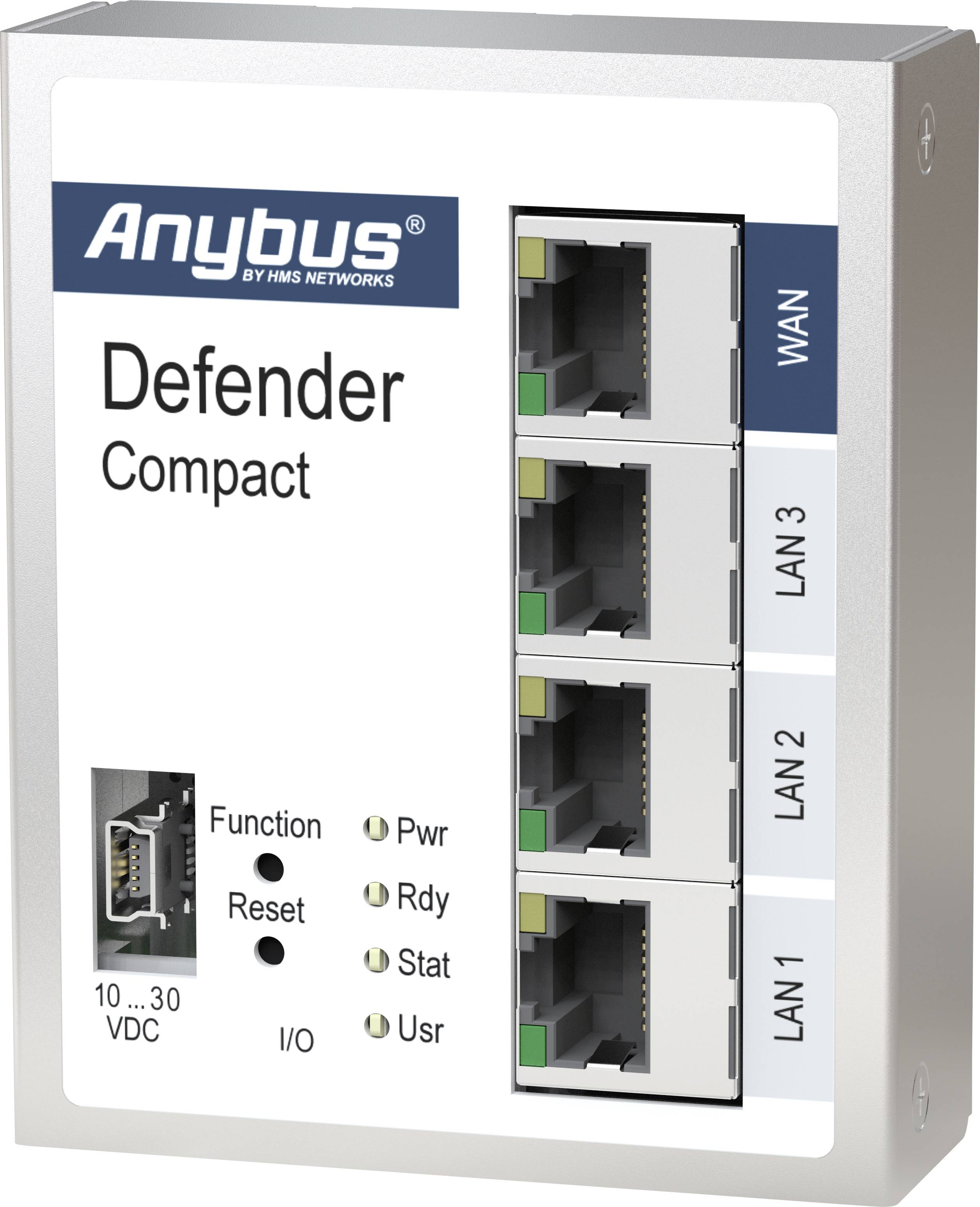 'Anybus Defender Compact'-Gerät mit vier Ethernet-Ports, einer WAN- und drei LAN-Verbindungen. Status-LEDs zeigen Strom, Bereitschaft und anderen Status.