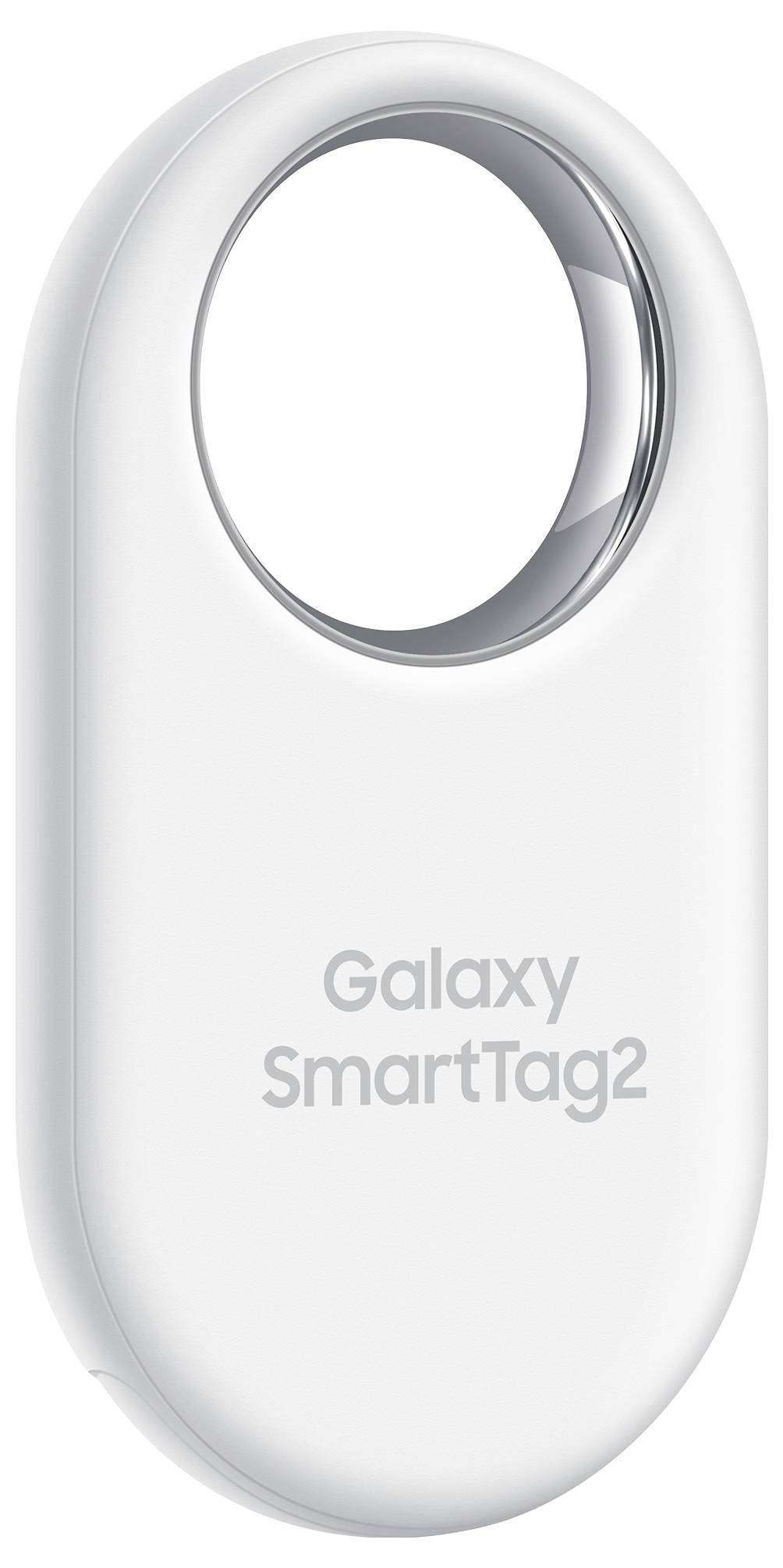 Ein weißer Galaxy SmartTag2 Tracker mit abgerundeter Form und einem Loch zum Befestigen an Gegenständen.