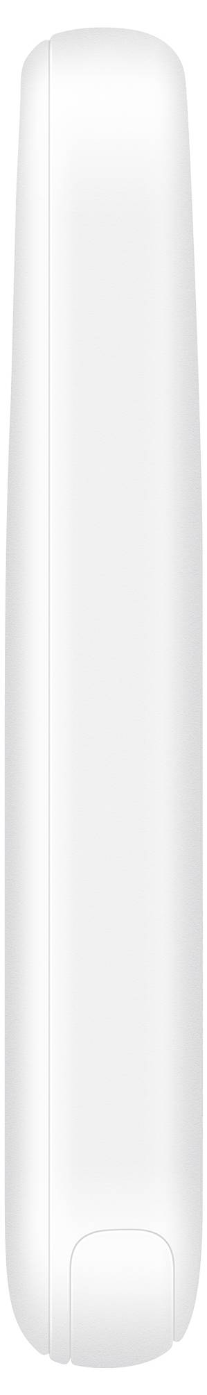 Ein glatter, weißer, länglicher Gegenstand mit abgerundeten Kanten, möglicherweise ein kleines Gerät oder elektronisches Bauteil, von der Seite betrachtet.