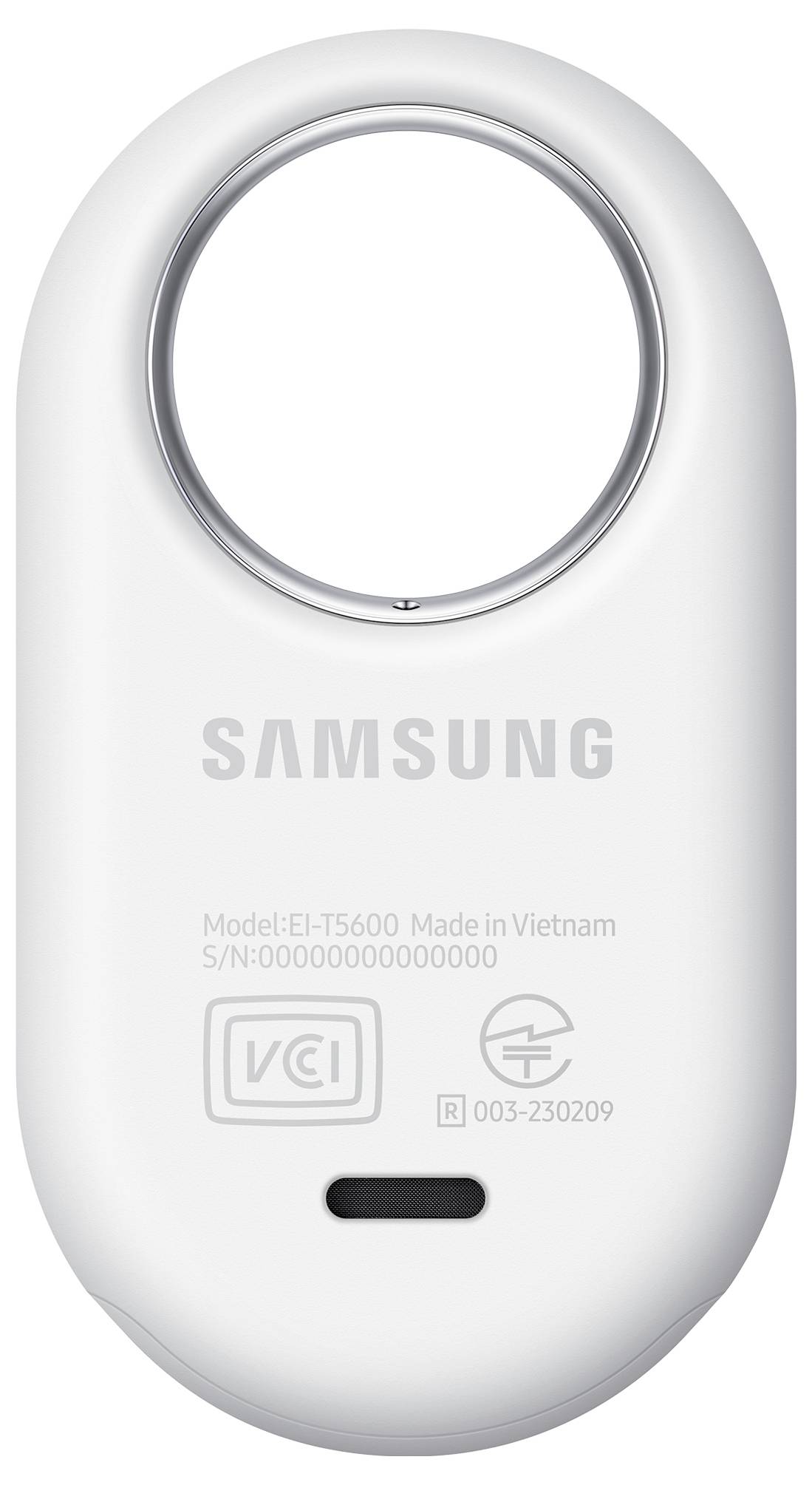 Ein weißes Samsung-Elektronikgerät mit einer kreisförmigen Öffnung an der Oberseite. Text enthält das Modell 'EI-T5600' und 'Made in Vietnam'.