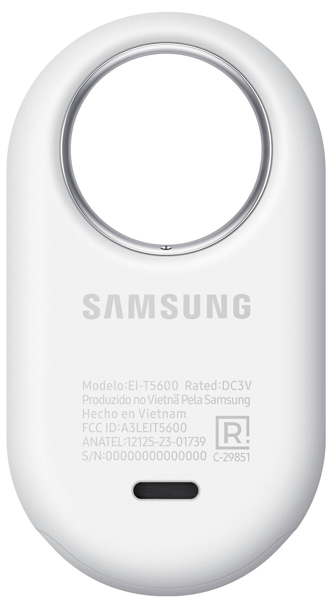 Rückansicht eines weißen Samsung-Elektronikgeräts mit einer kreisförmigen Öffnung, mit Modell- und Bewertungsdetails in mehreren Sprachen.