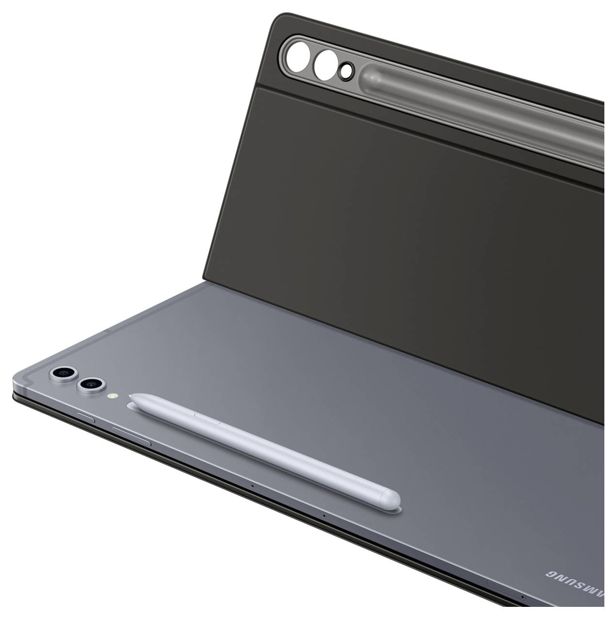 Ein schlankes Tablet teilweise im Blickfeld, das einen grauen Rückendeckel zeigt und einen Stylus ordentlich darauf platziert, was einen Fokus auf Design und Funktionalität andeutet.