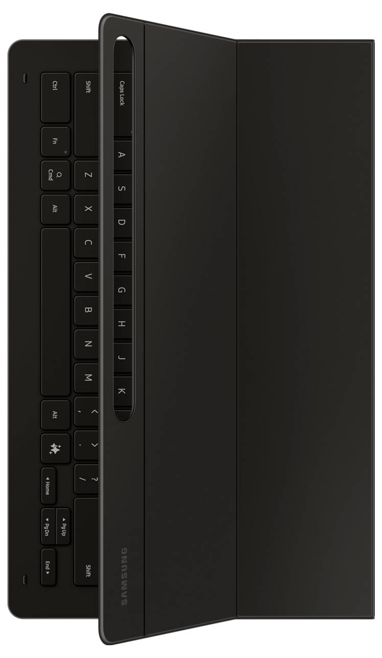 Schwarze Tablet-Tastaturhülle, die sich öffnen lässt, um Tasten und Abdeckung zu zeigen. Die Abdeckung schützt den Bildschirm, und die Tastatur verfügt über eine vollständige QWERTZ-Tastaturanordnung.