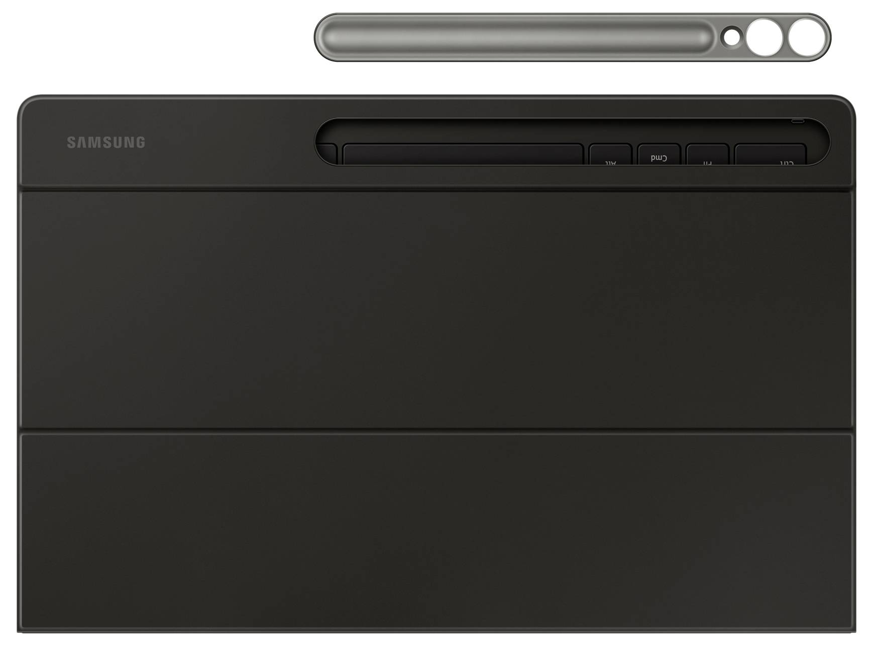 Schwarze Samsung Tablet-Hülle mit magnetischem Stifthalter. Die Hülle ist in geschlossener Position gezeigt, wobei ihr schlankes Design und ihre Funktionalität hervorgehoben werden.