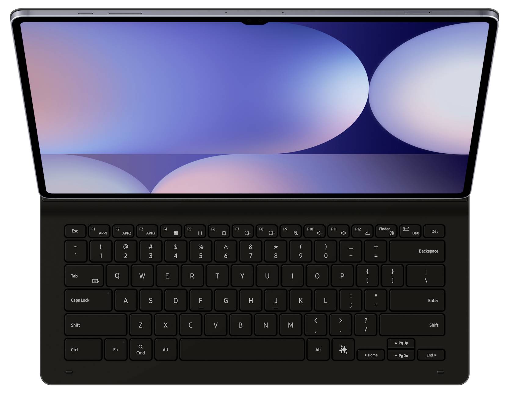 Ein Tablet mit einem großen Bildschirm zeigt abstrakte kreisförmige Formen in Blau- und Rosatönen. Es ist mit einer schwarzen Tastatur mit Standardtasten verbunden.