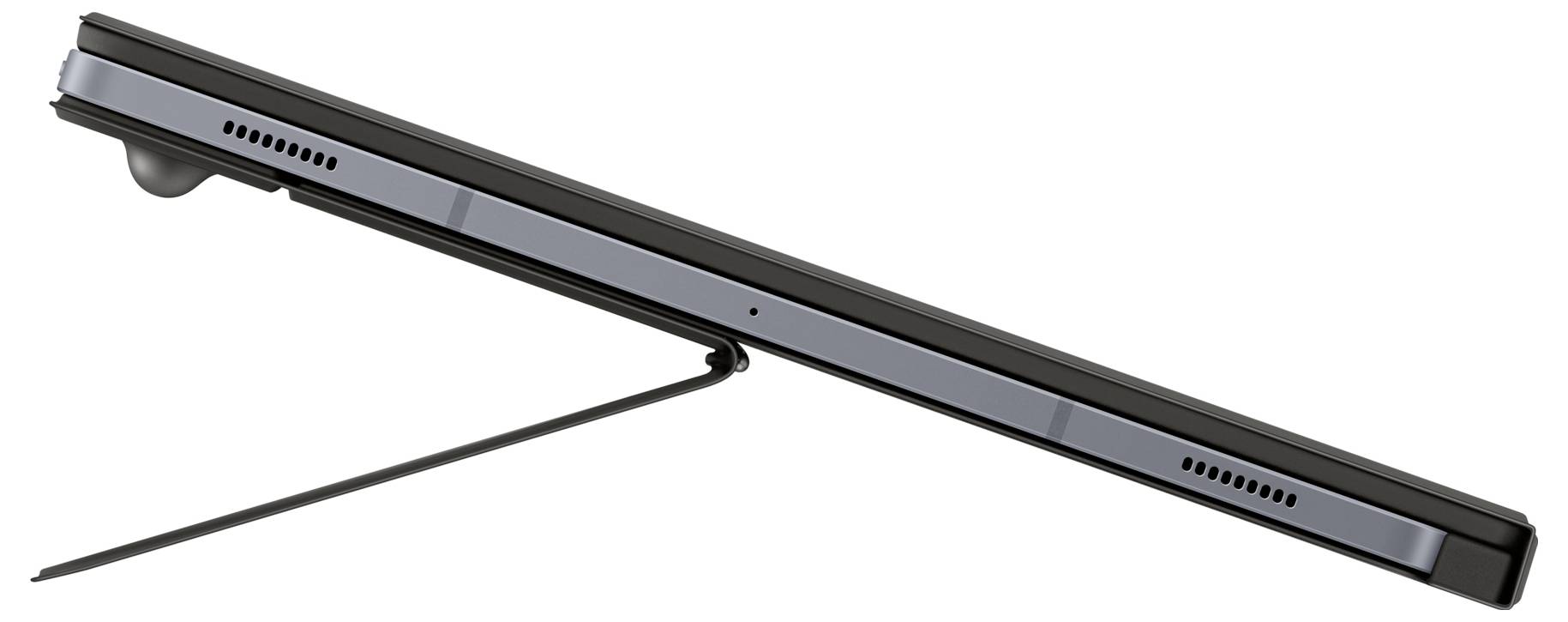 Seitenansicht eines geschlossenen Laptops auf einem Ständer, der sein schlankes Design und die Lüftungsschlitze hervorhebt.