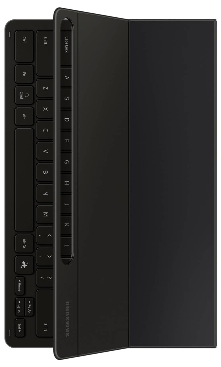 Schwarzes Tablet mit angeschlossener Tastatur, ausgestattet mit Buchstaben- und Symboltasten, entwickelt für ein nahtloses Tippererlebnis mit mobilen Geräten.