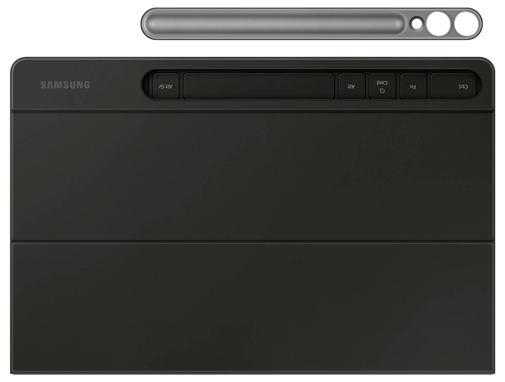 Eine schwarze Samsung TV-Fernbedienung mit Lautstärke-, Kanal- und Einschalttasten, neben einer schlanken Metallleiste mit Tastenausschnitten.