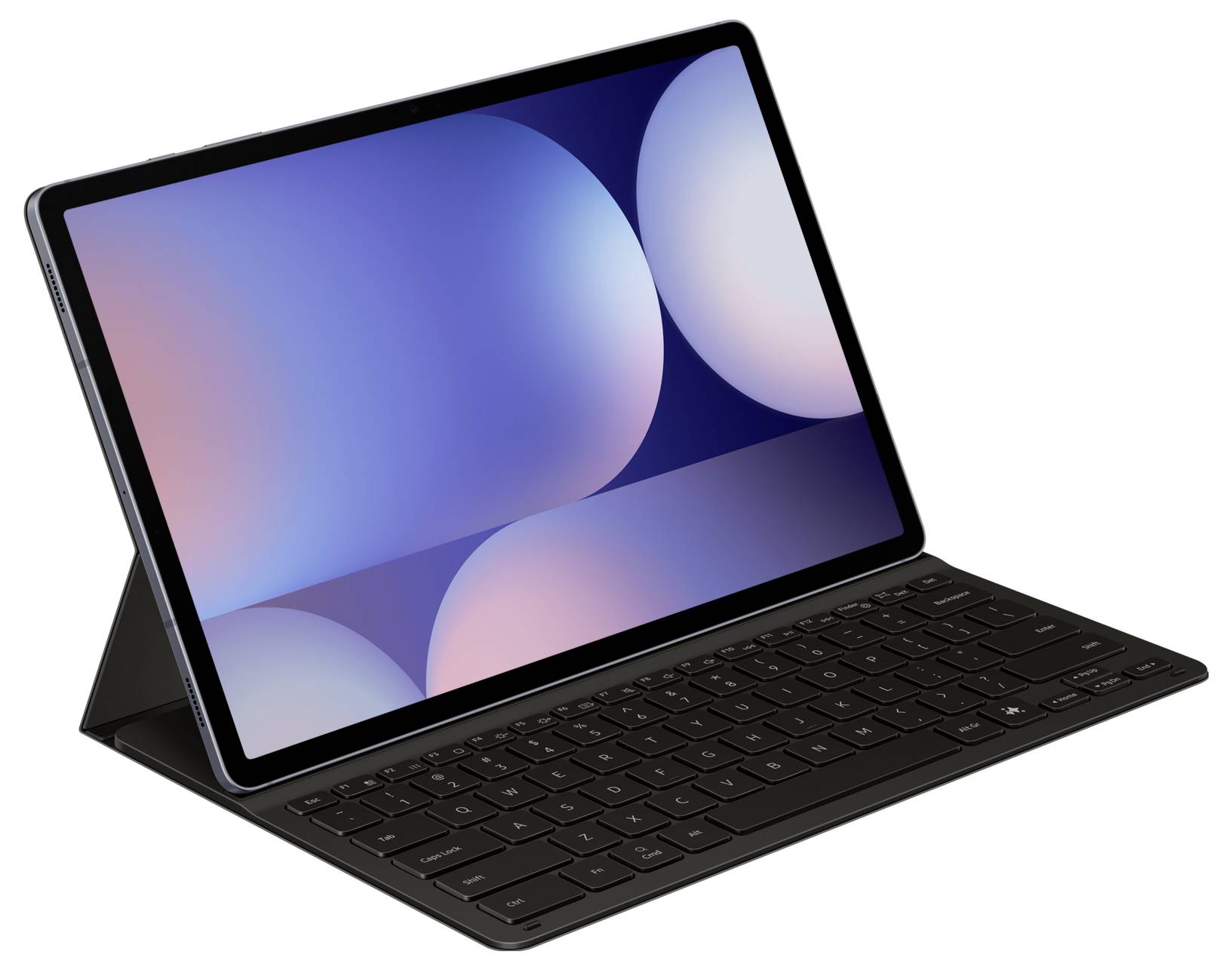 Ein Tablet mit einer Tastaturhülle, das einen abstrakten Hintergrund mit weichen blauen und rosa Kreisen zeigt, schräg auf einer weißen Oberfläche platziert.